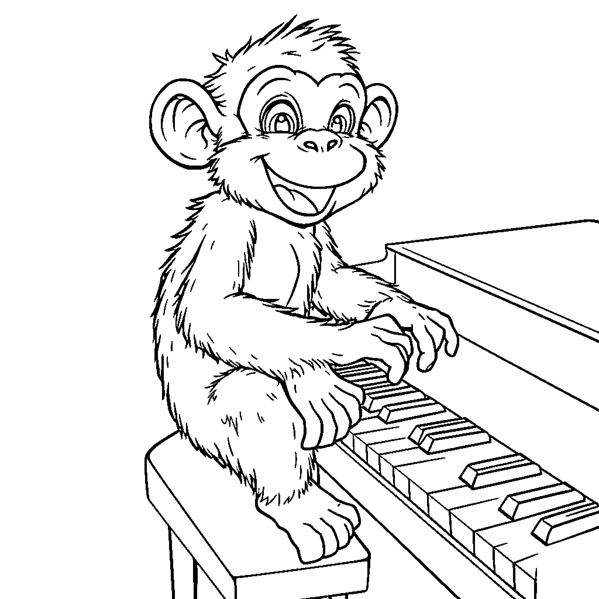 Monkey playing cheerfully on the piano Coloring Page (free black-and-white line drawing printable PDF for all, from beginners to advanced learners, including children, teens, adults, and seniors)