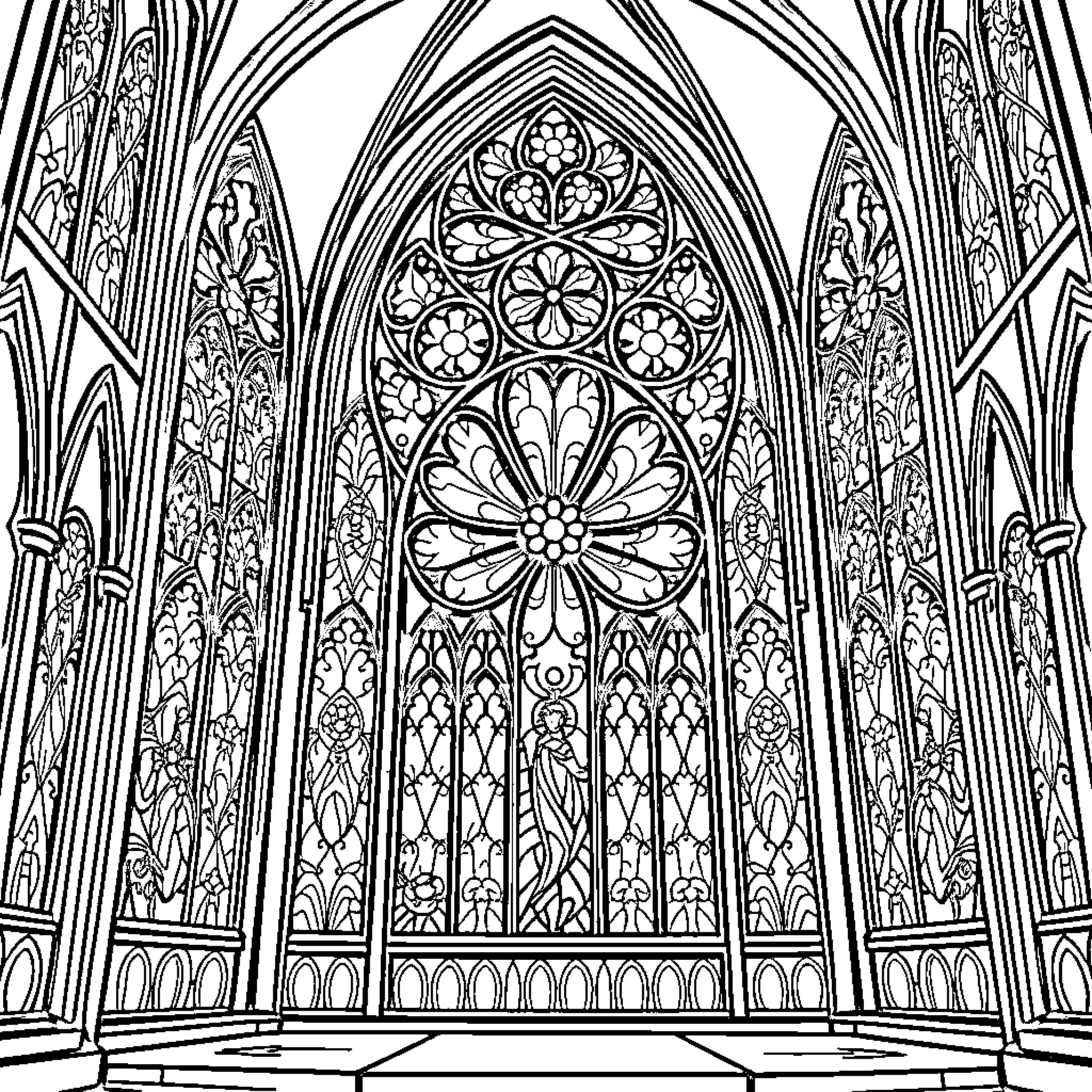 Window of a grand cathedral with intricate design Coloring Page (free black-and-white line drawing printable PDF for all, from beginners to advanced learners, including children, teens, adults, and seniors)