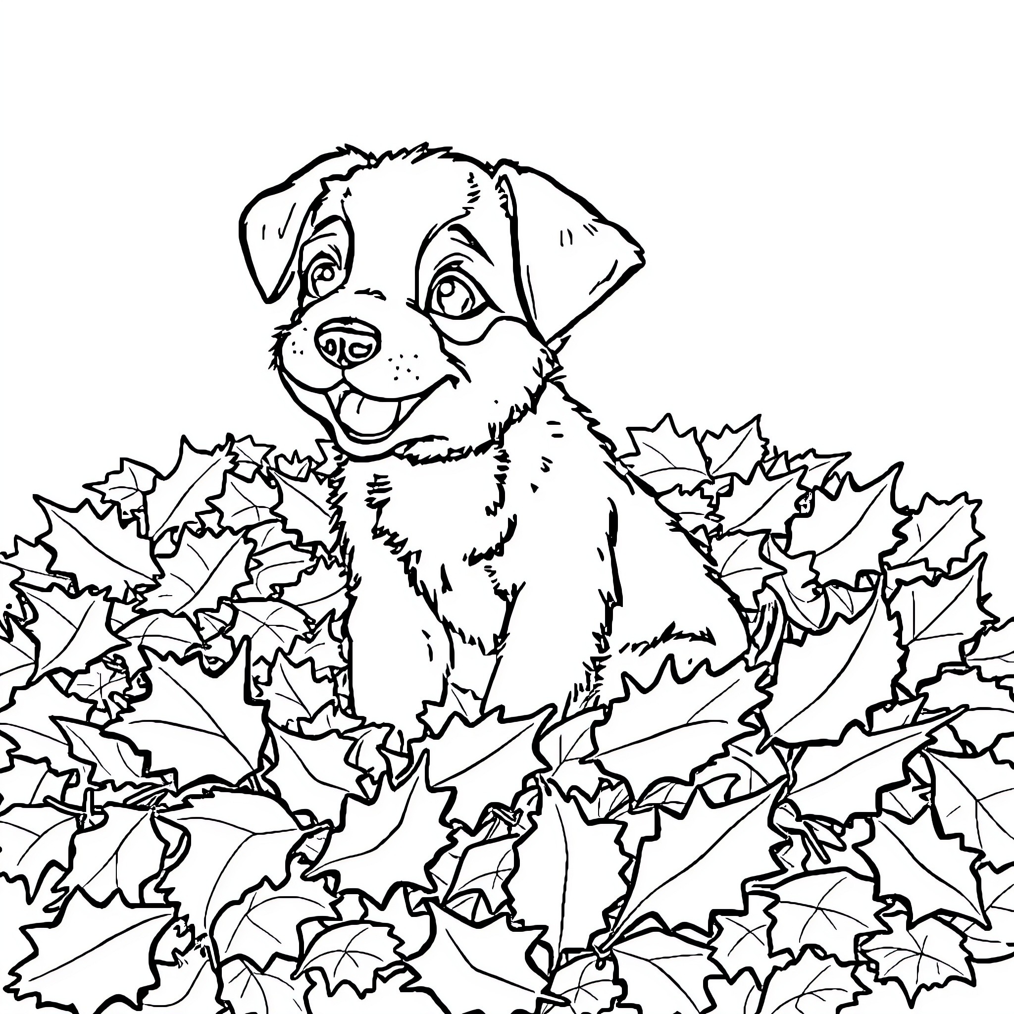 Puppy playing in autumn leaves Coloring Page (free black-and-white line drawing printable PDF for all, from beginners to advanced learners, including children, teens, adults, and seniors)