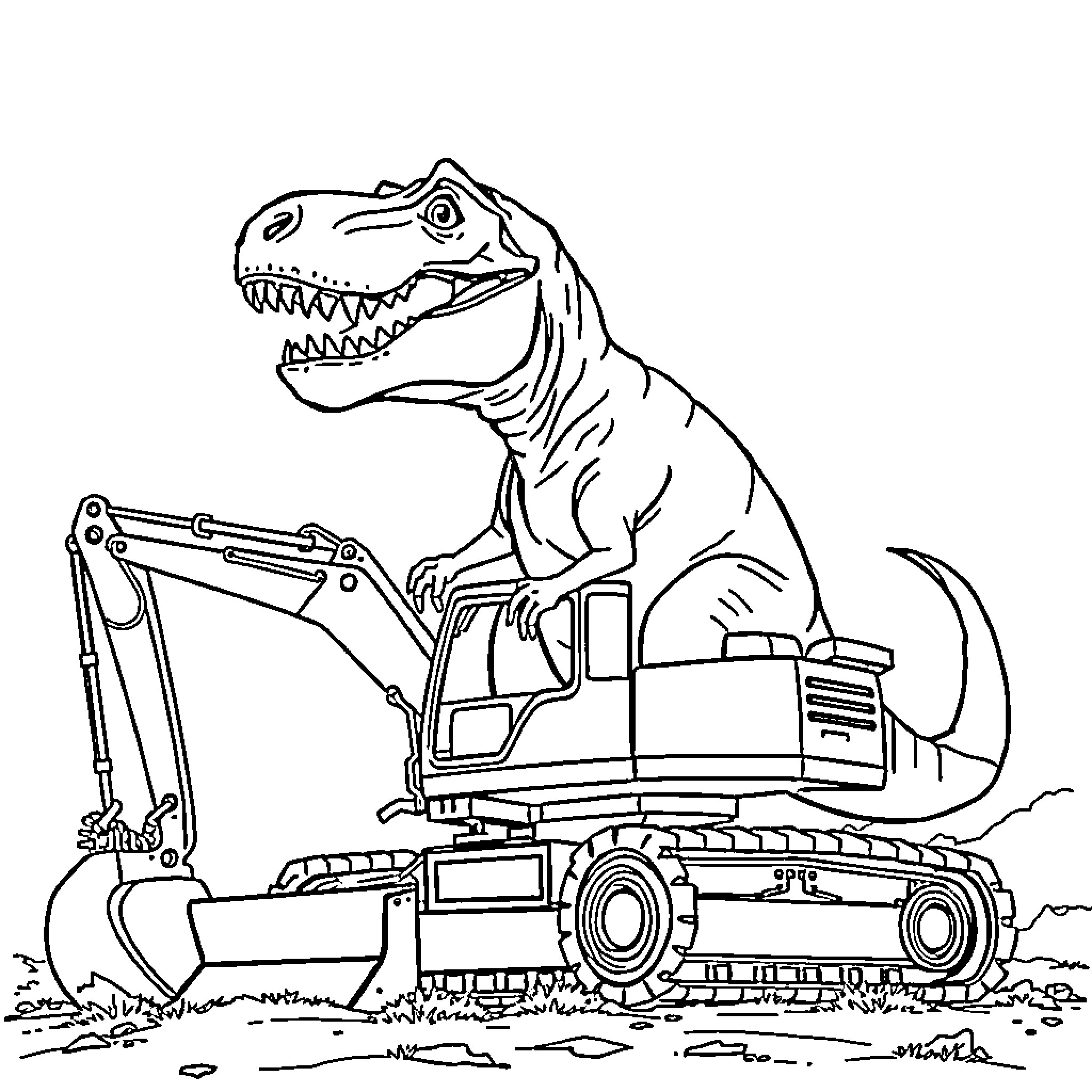 T-Rex operating a construction excavator Coloring Page (free black-and-white line drawing printable PDF for all, from beginners to advanced learners, including children, teens, adults, and seniors)