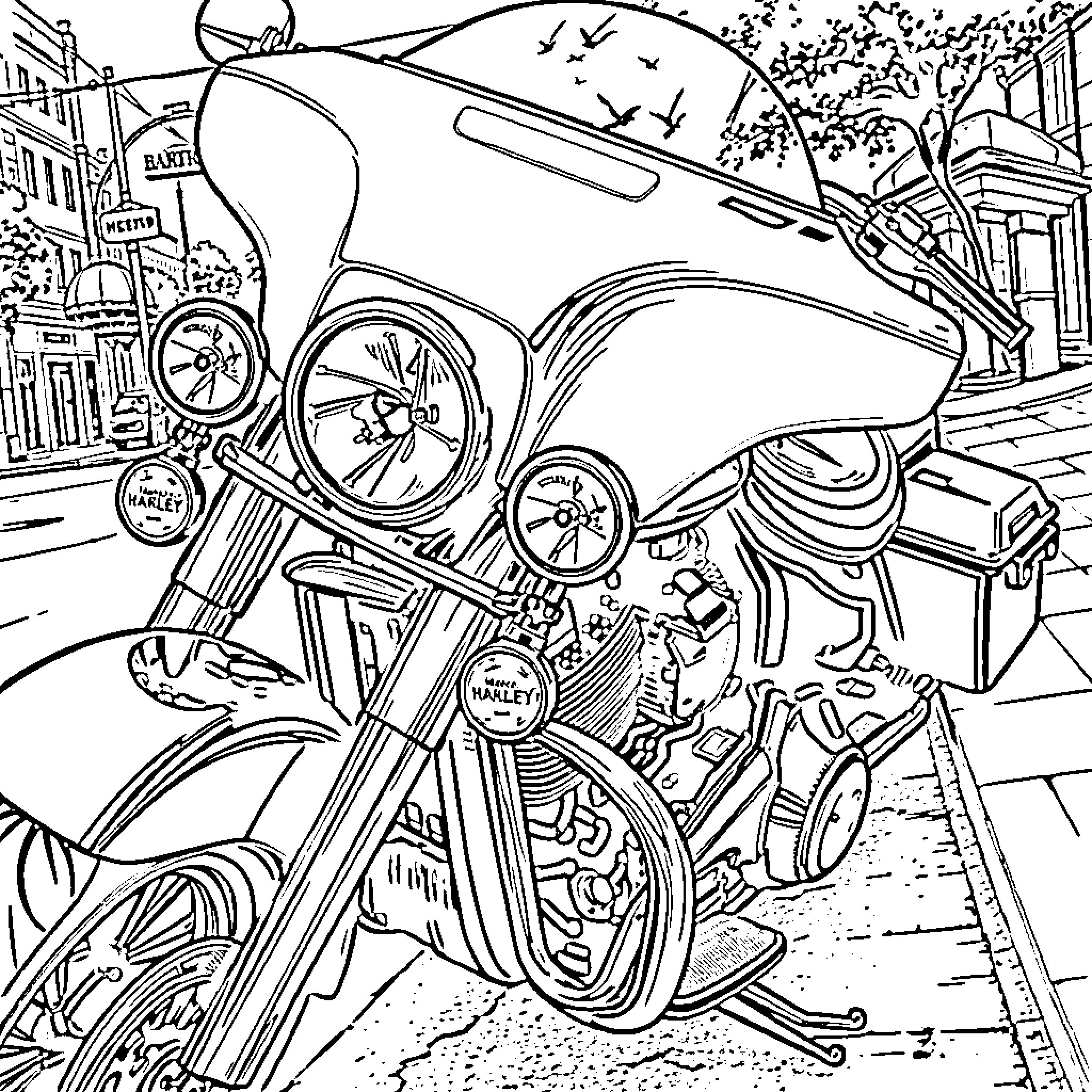 Harley Davidson motorcycle on city street Coloring Page (free black-and-white line drawing printable PDF for all, from beginners to advanced learners, including children, teens, adults, and seniors)