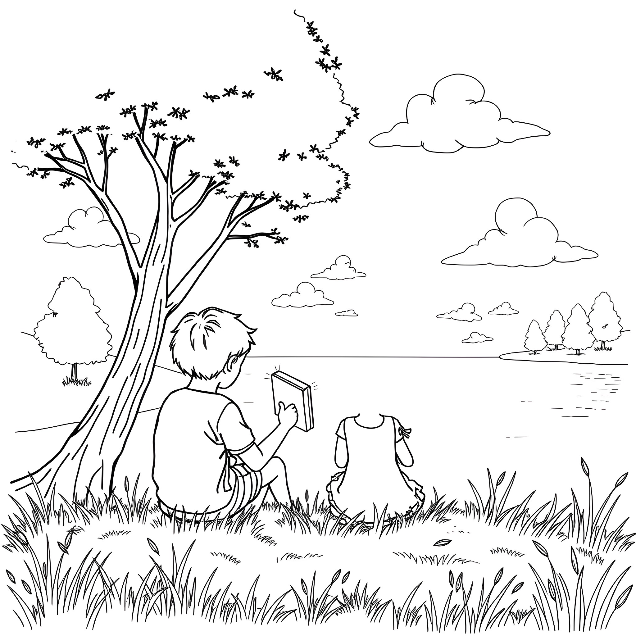 Child reading book in nature Coloring Page (free black-and-white line drawing printable PDF for all, from beginners to advanced learners, including children, teens, adults, and seniors)