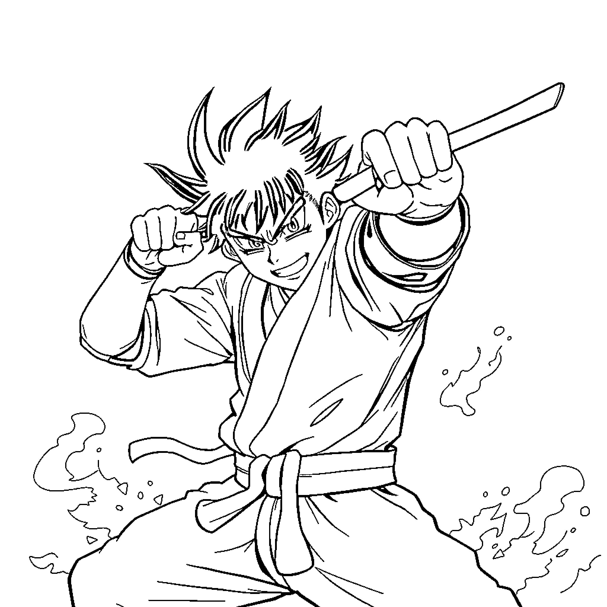 Inosuke engaging in intense action with sword Coloring Page (free black-and-white line drawing printable PDF for all, from beginners to advanced learners, including children, teens, adults, and seniors)