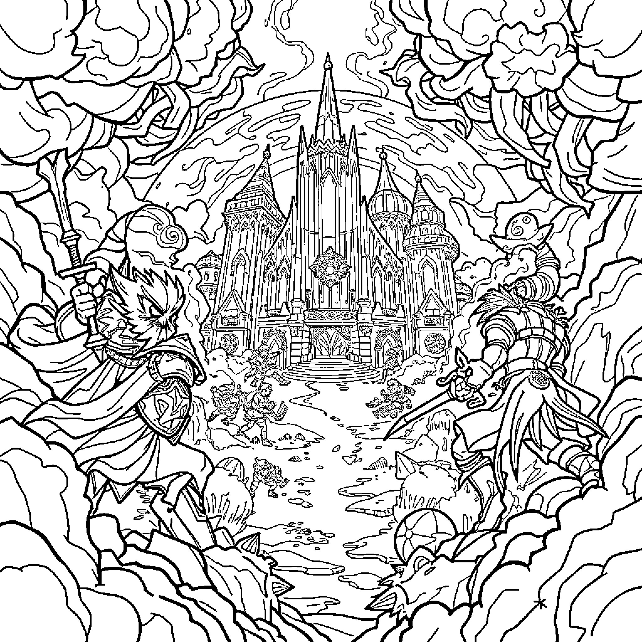 League of Legends: Fantastical Realm with Mysterious Figures Coloring Page (free black-and-white line drawing printable PDF for all, from beginners to advanced learners, including children, teens, adults, and seniors)