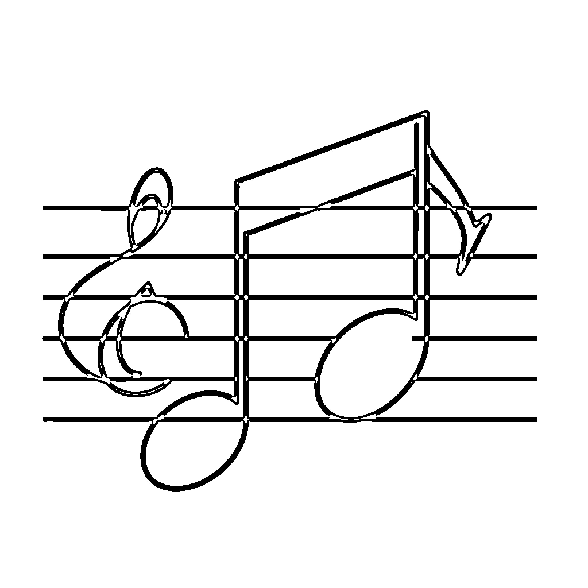 Musical Note Symbols on Musical Staff Coloring Page (free black-and-white line drawing printable PDF for all, from beginners to advanced learners, including children, teens, adults, and seniors)
