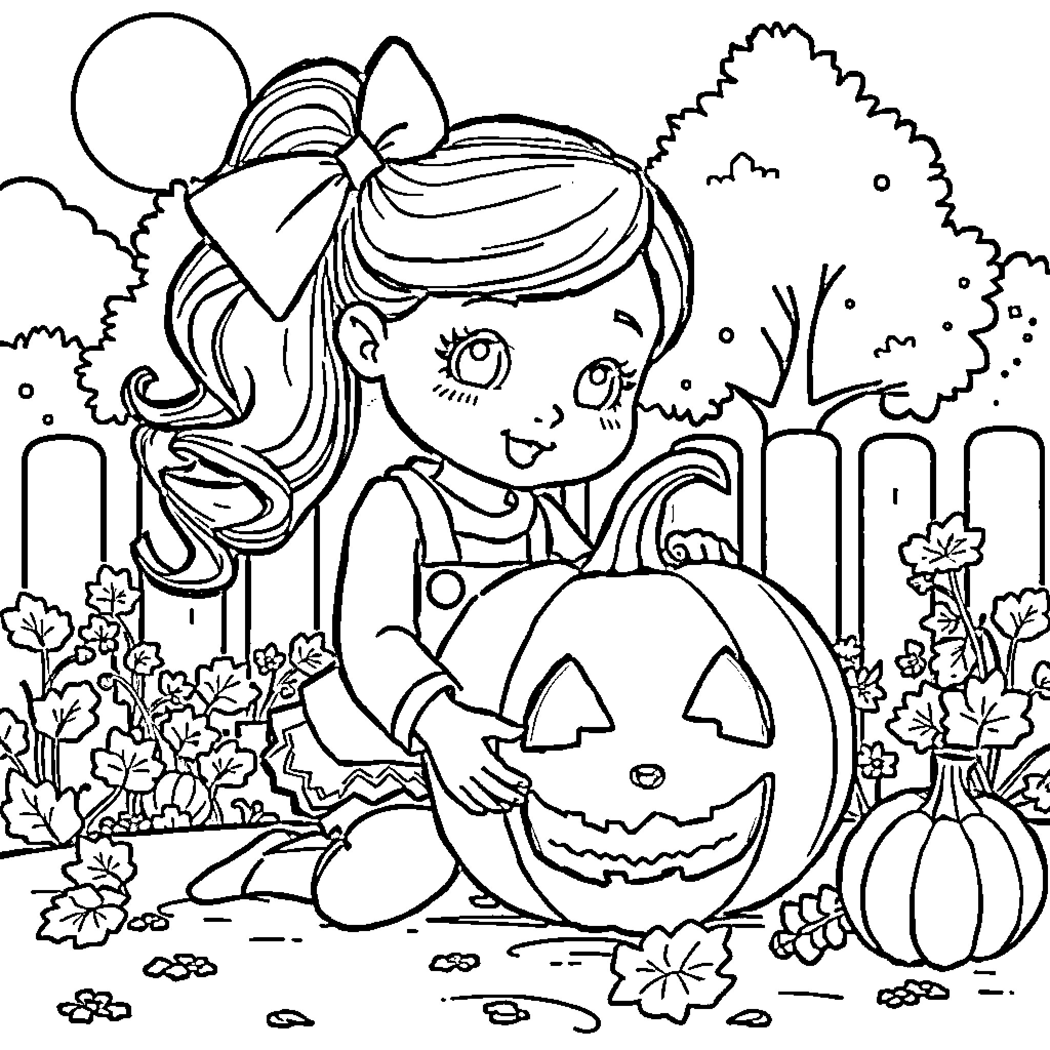 Gabby's Joyful Halloween Adventure Coloring Page (free black-and-white line drawing printable PDF for all, from beginners to advanced learners, including children, teens, adults, and seniors)