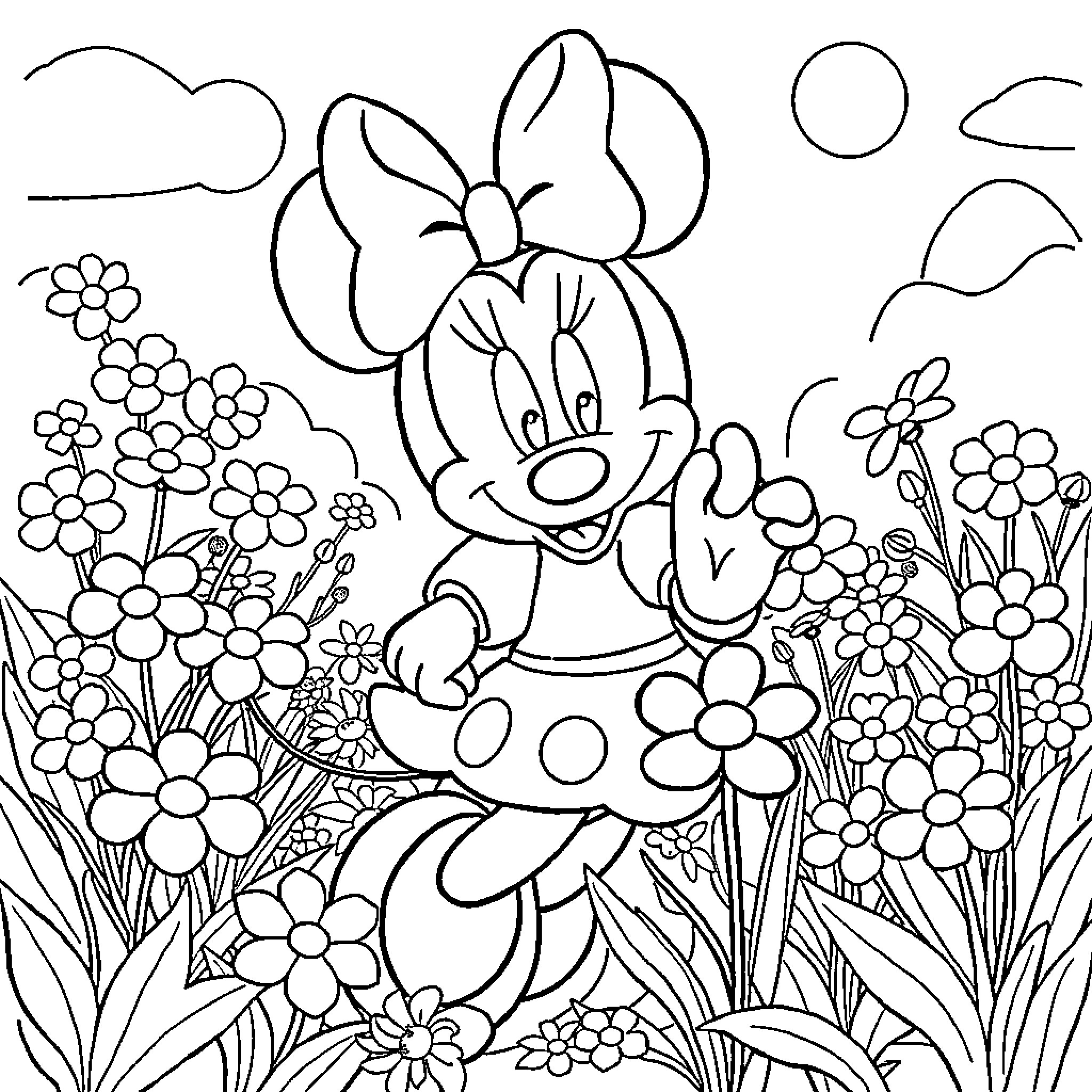 Mini Mouse enjoying a field of flowers Coloring Page (free black-and-white line drawing printable PDF for all, from beginners to advanced learners, including children, teens, adults, and seniors)