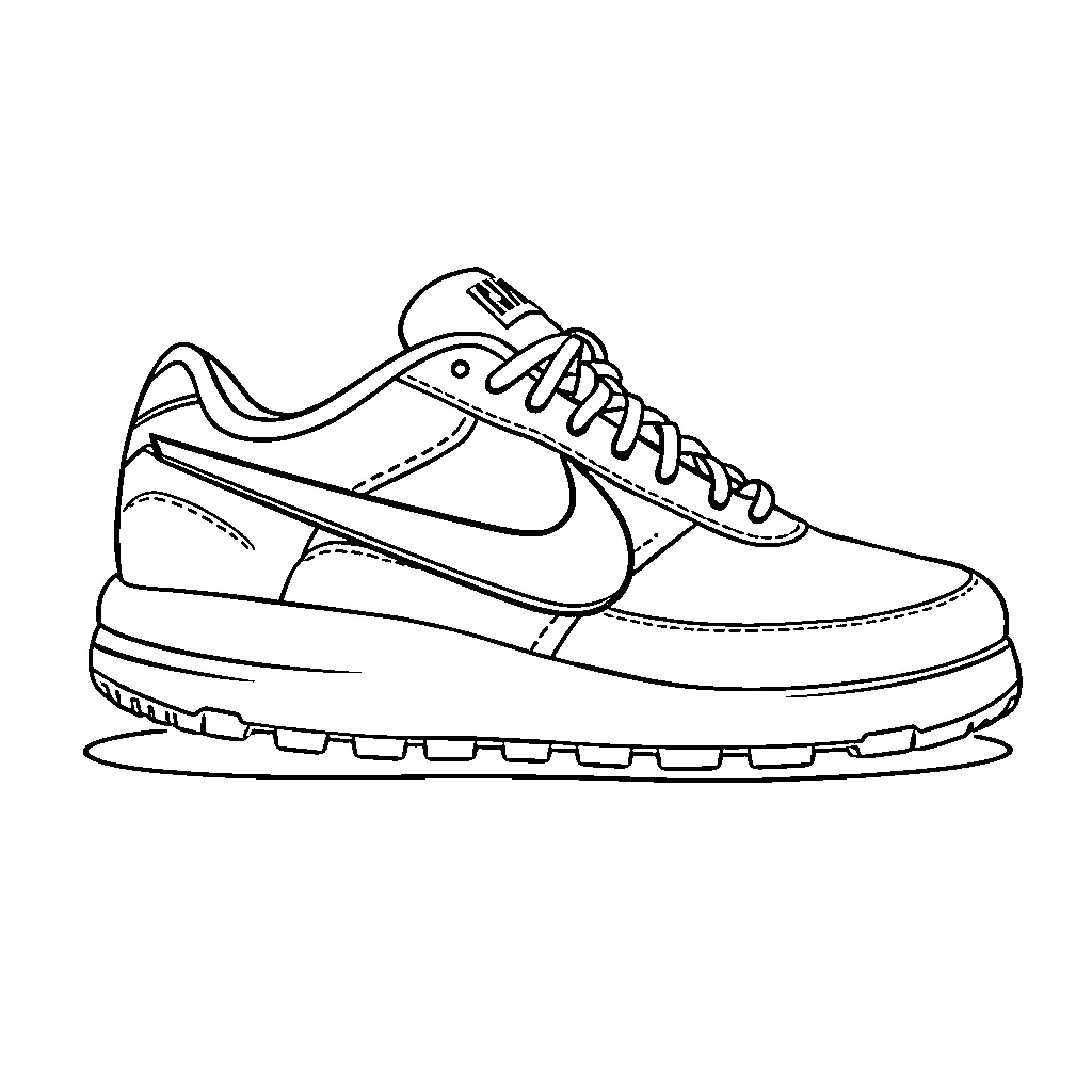 Nike sneaker design with laces Coloring Page (free black-and-white line drawing printable PDF for all, from beginners to advanced learners, including children, teens, adults, and seniors)