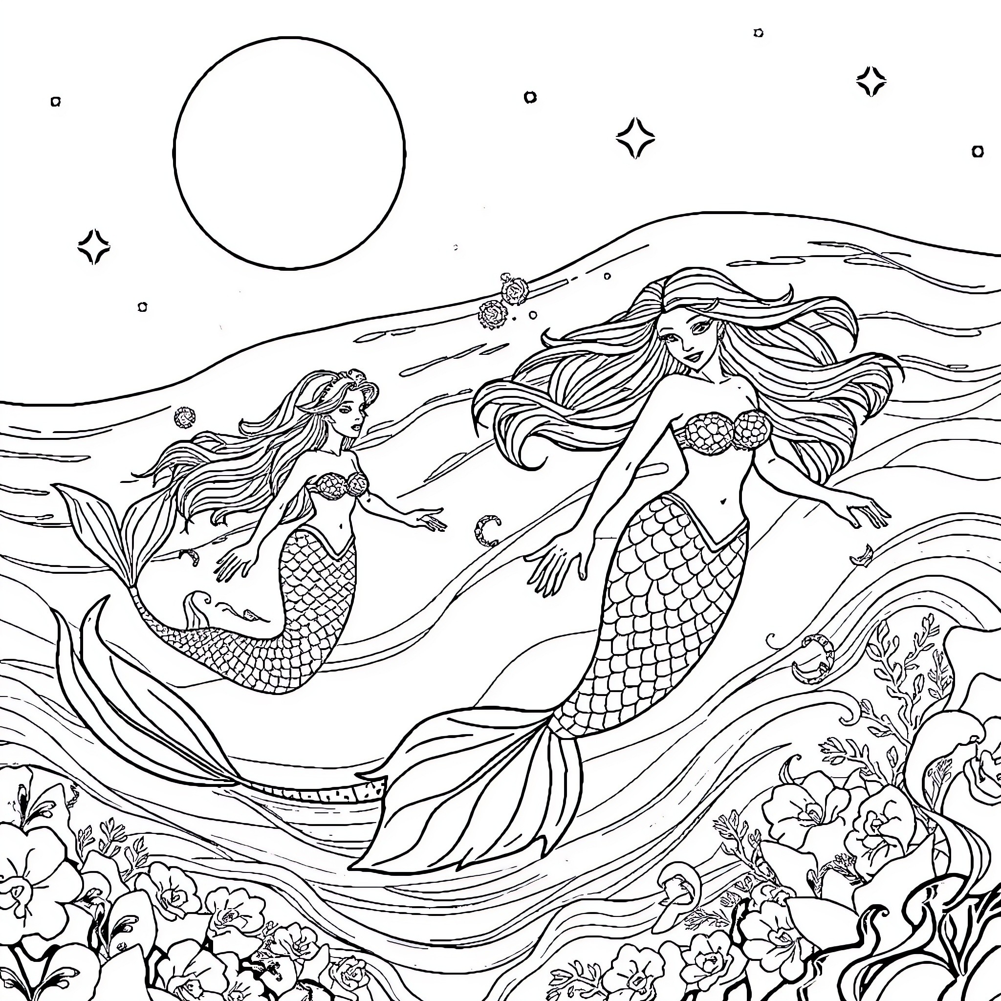 Mermaid Enchantresses Interacting in Aquatic Wonderland Coloring Page (free black-and-white line drawing printable PDF for all, from beginners to advanced learners, including children, teens, adults, and seniors)