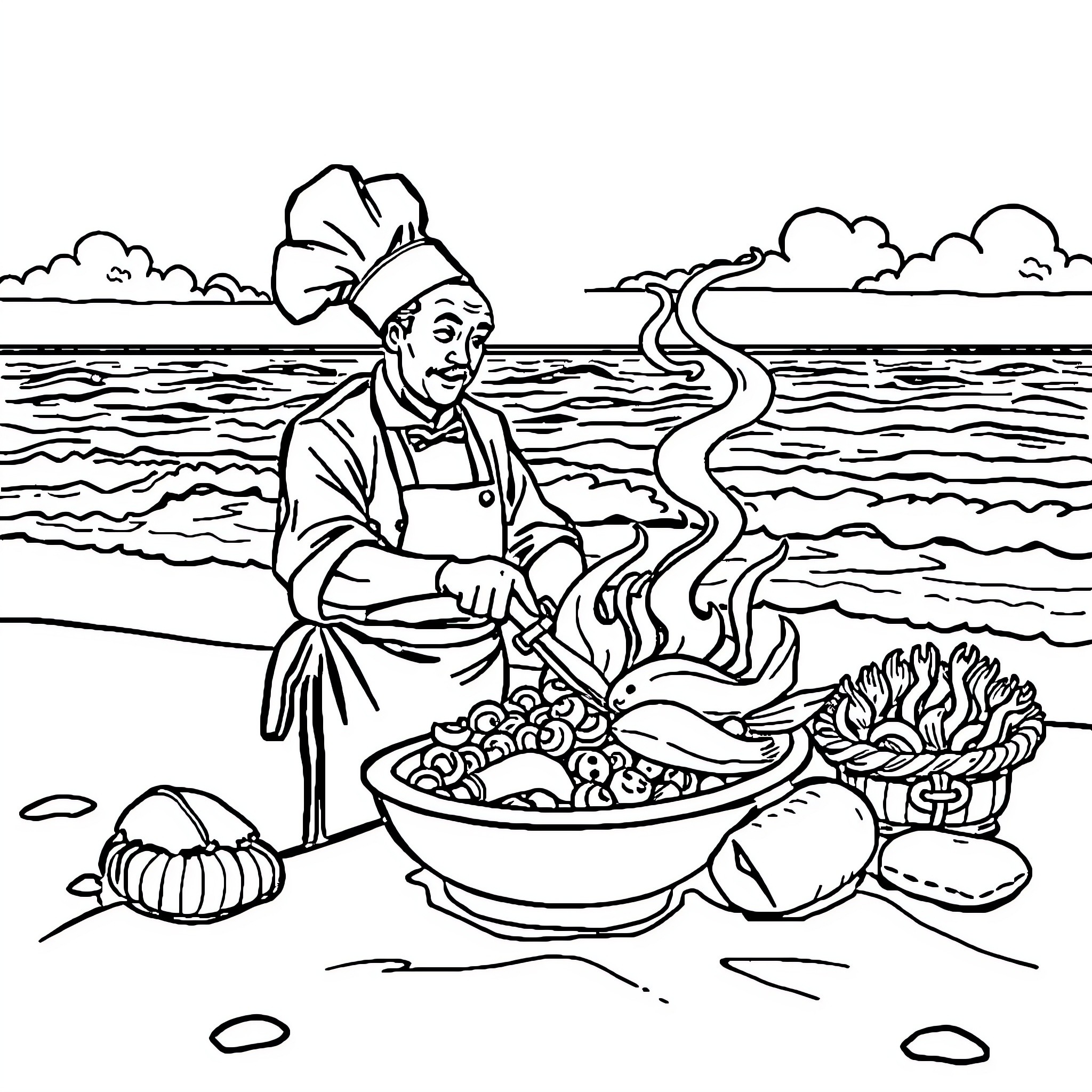 Chef cooking seafood delicacies by the ocean Coloring Page (free black-and-white line drawing printable PDF for all, from beginners to advanced learners, including children, teens, adults, and seniors)