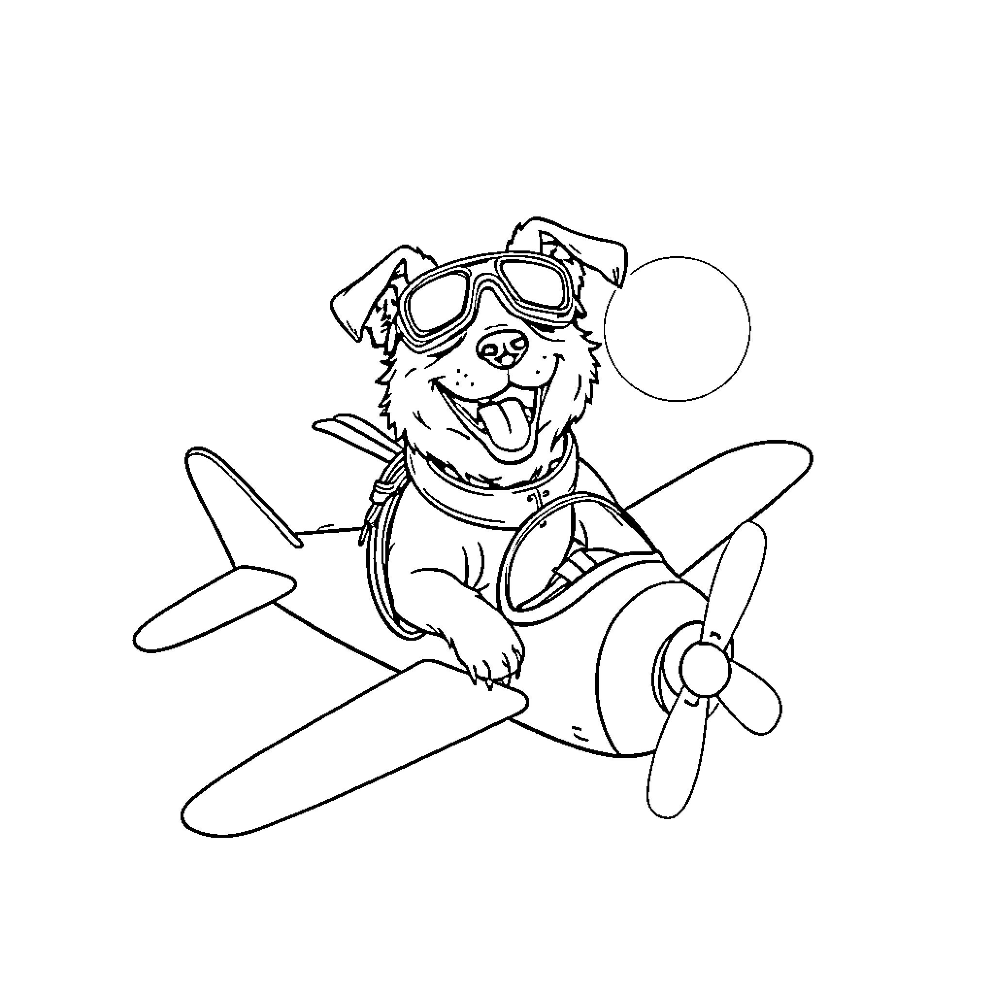 Dog pilot flying a propeller plane Coloring Page (free black-and-white line drawing printable PDF for all, from beginners to advanced learners, including children, teens, adults, and seniors)