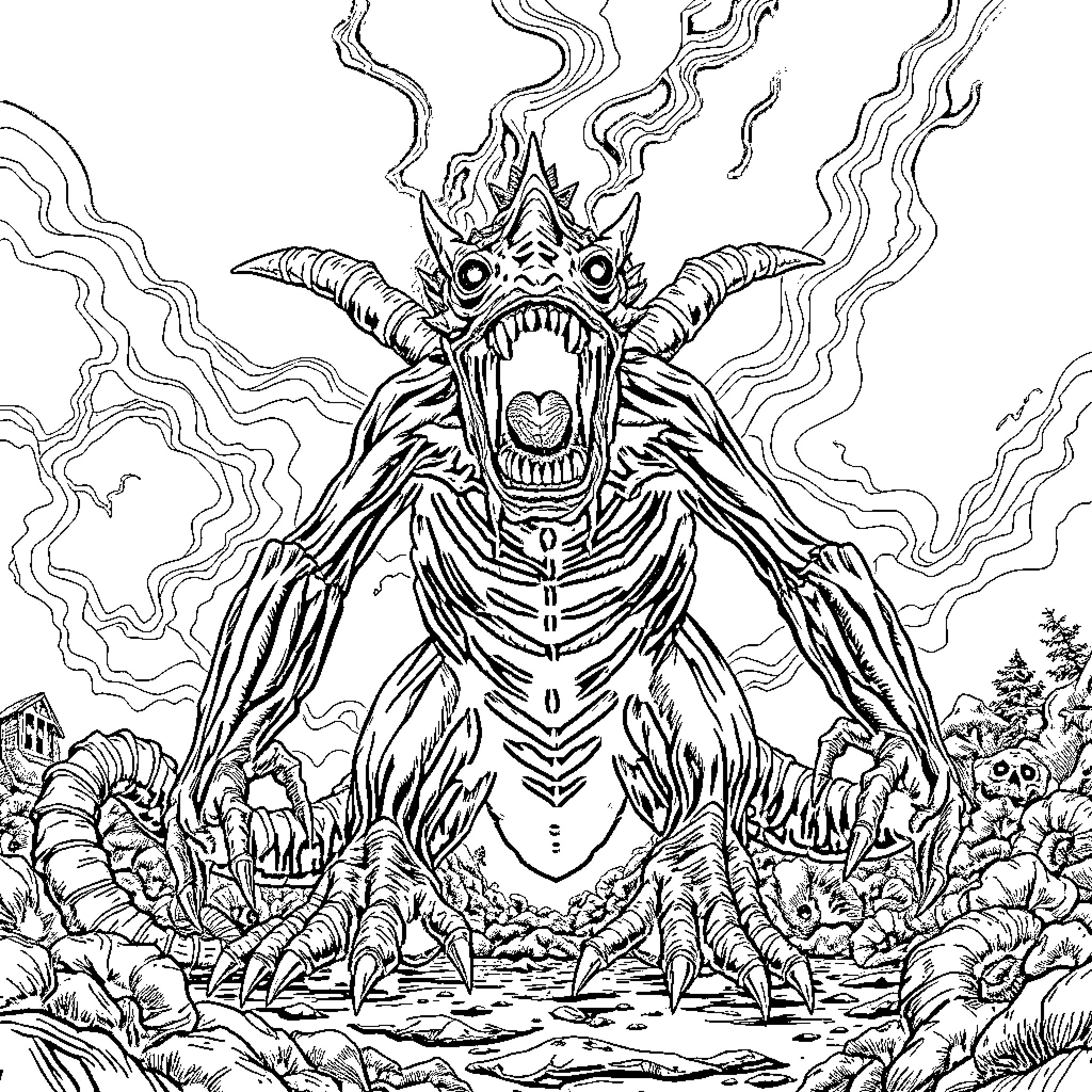Demogorgon Emerging from the Underworld Coloring Page (free black-and-white line drawing printable PDF for all, from beginners to advanced learners, including children, teens, adults, and seniors)