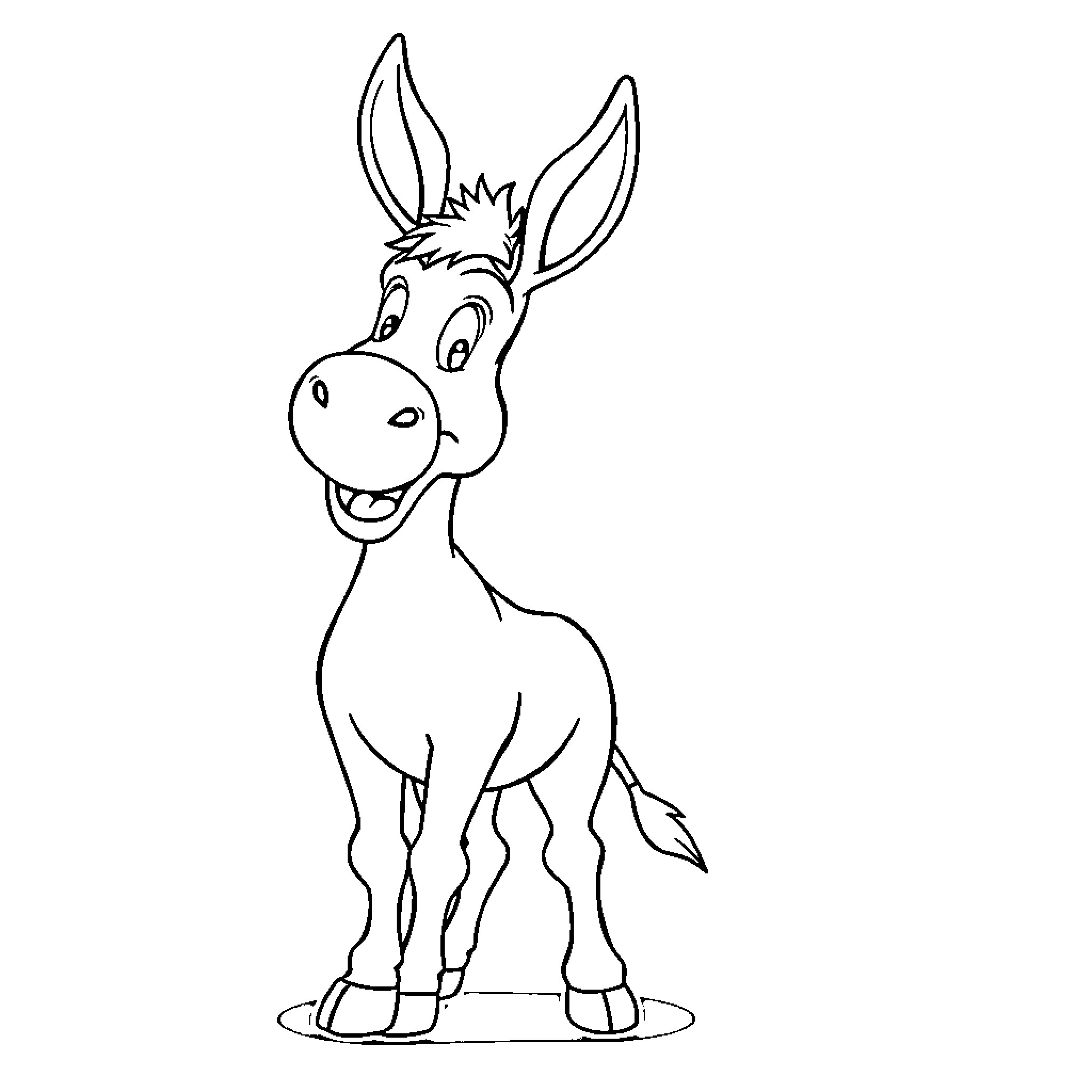 Donkey with a cheerful expression Coloring Page (free black-and-white line drawing printable PDF for all, from beginners to advanced learners, including children, teens, adults, and seniors)