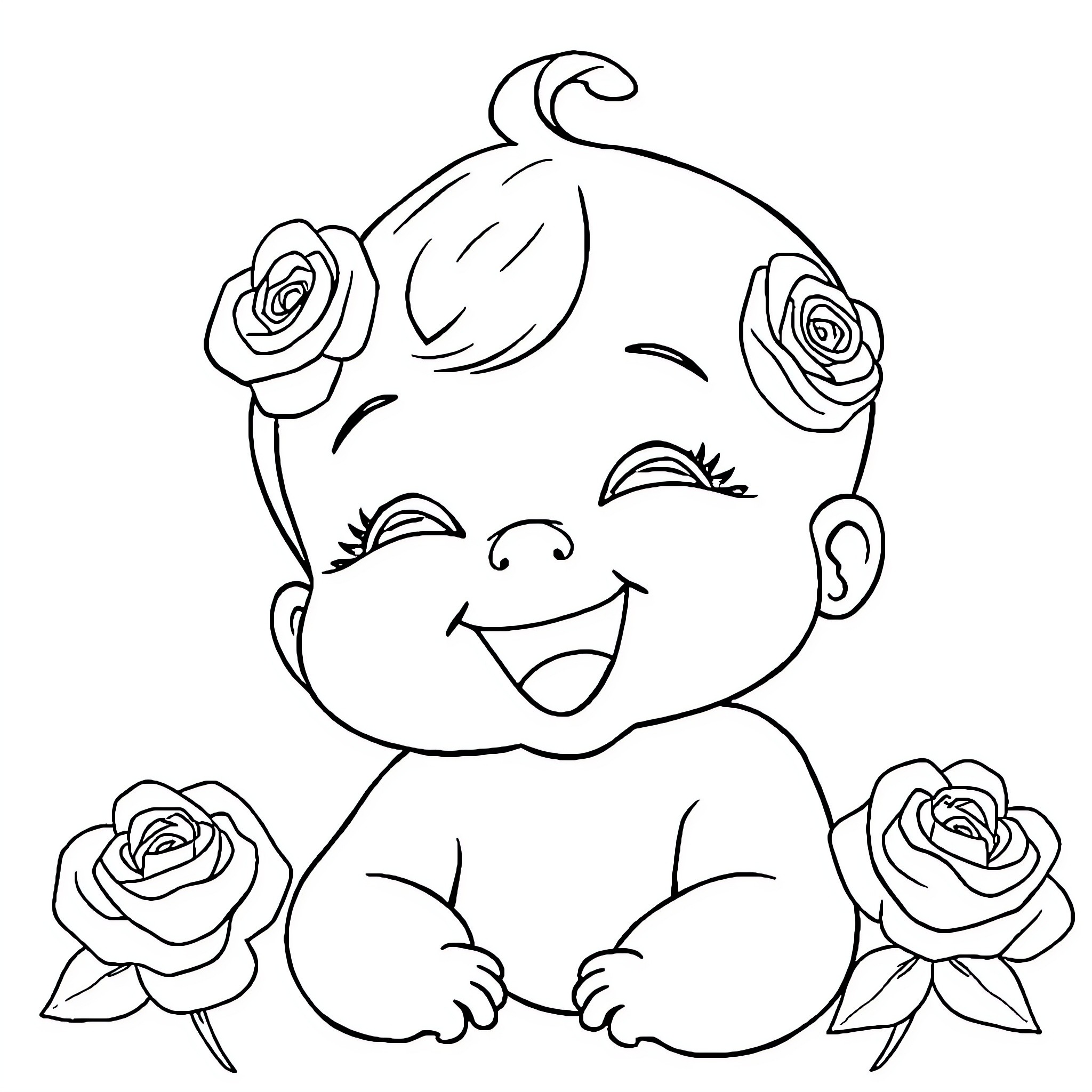 Bebe smiling with roses Coloring Page (free black-and-white line drawing printable PDF for all, from beginners to advanced learners, including children, teens, adults, and seniors)