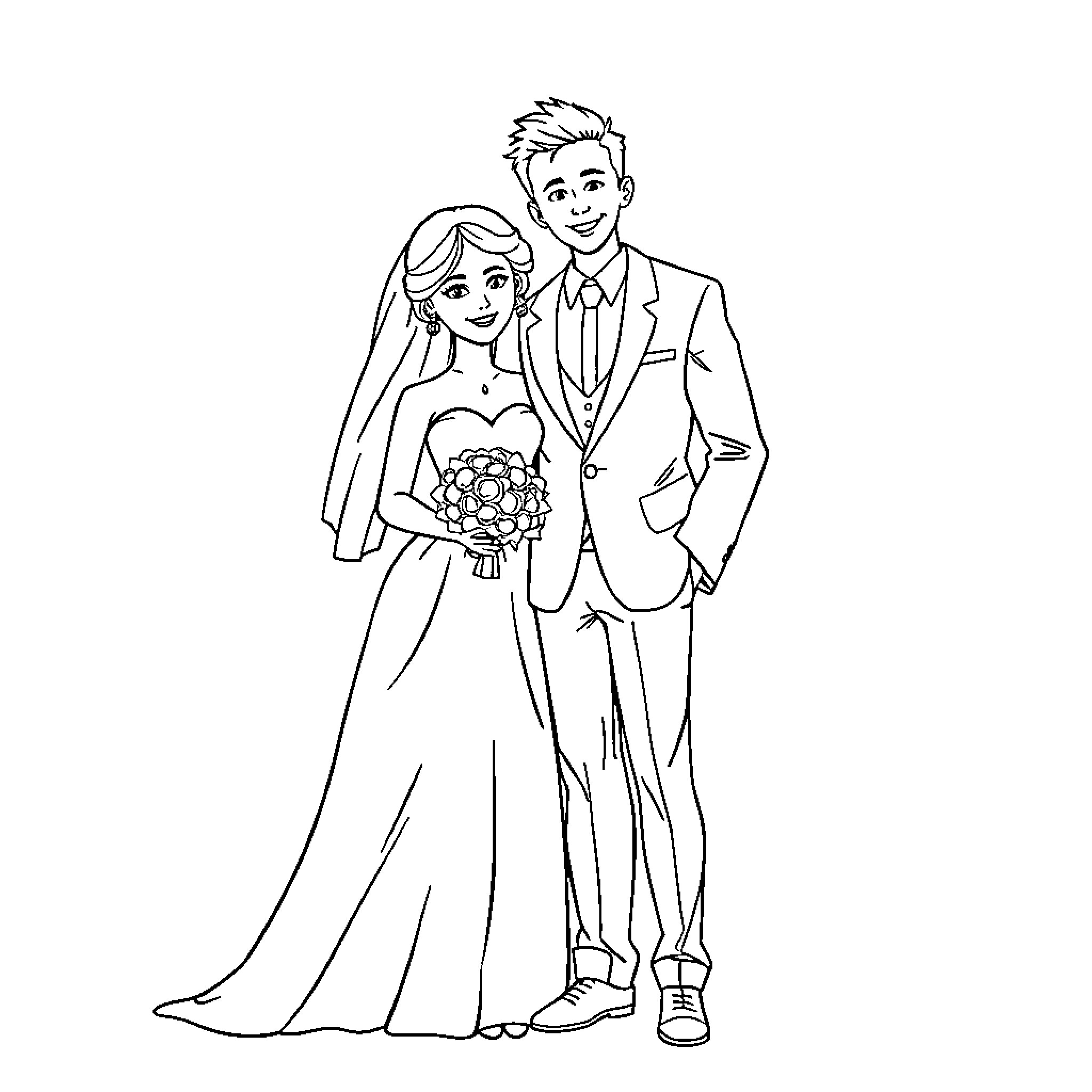 Bride and Groom celebrate their union with joy Coloring Page (free black-and-white line drawing printable PDF for all, from beginners to advanced learners, including children, teens, adults, and seniors)