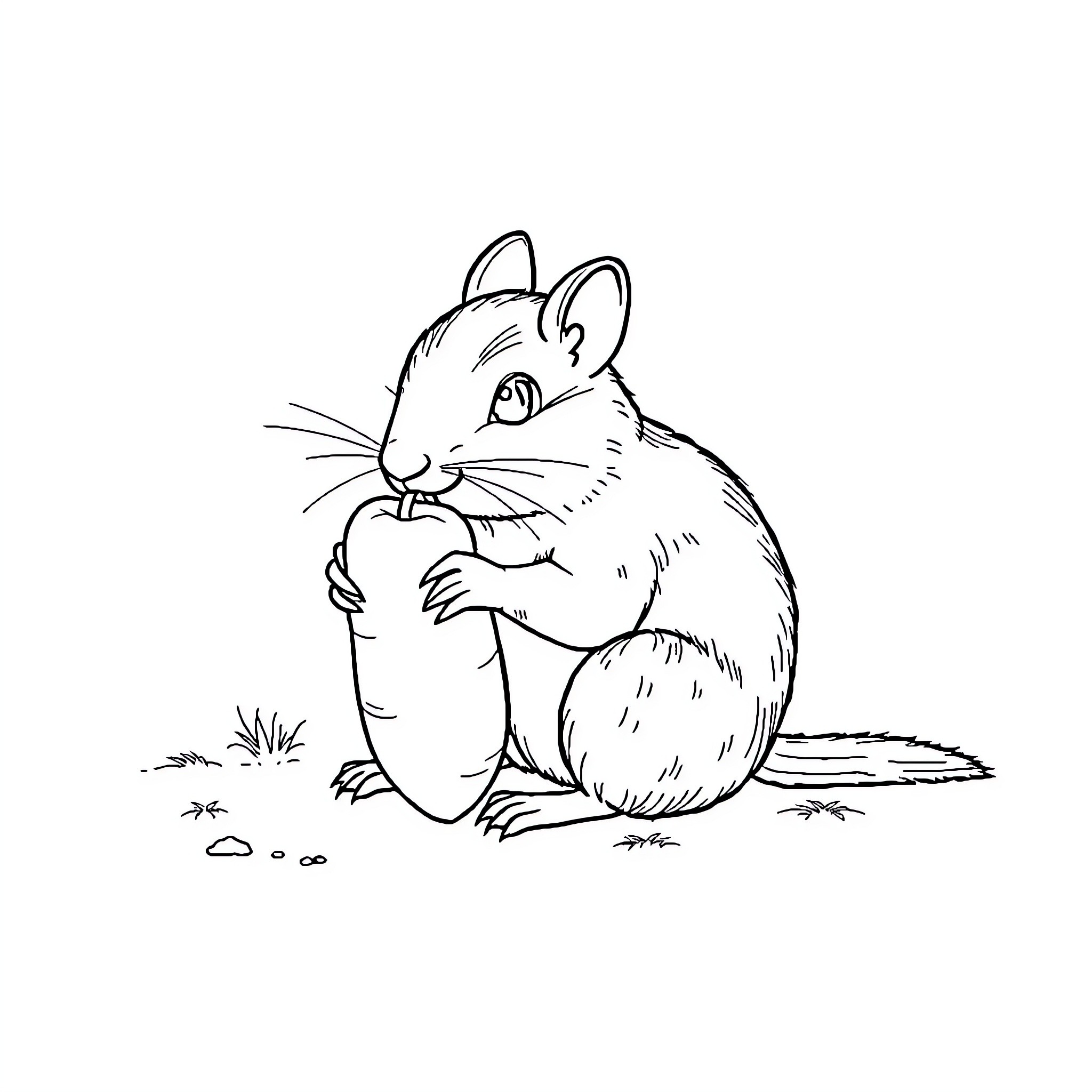 Mouse nibbling on a nut in the grass Coloring Page (free black-and-white line drawing printable PDF for all, from beginners to advanced learners, including children, teens, adults, and seniors)