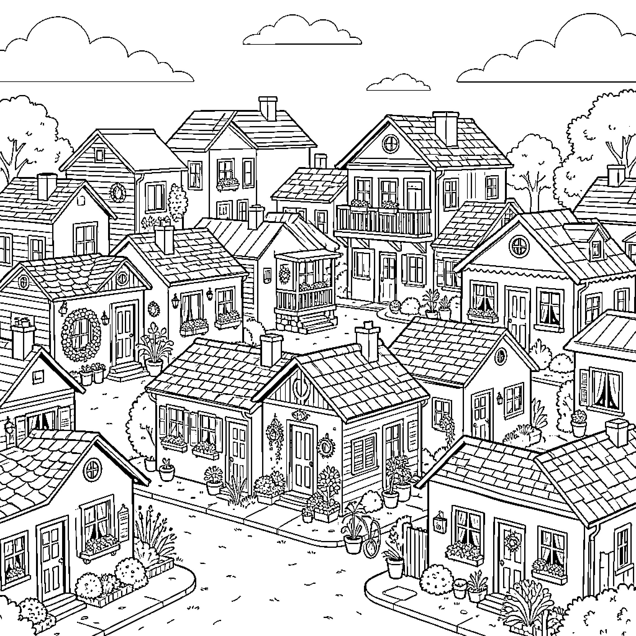 House with many decorated homes in a quiet neighborhood Coloring Page (free black-and-white line drawing printable PDF for all, from beginners to advanced learners, including children, teens, adults, and seniors)