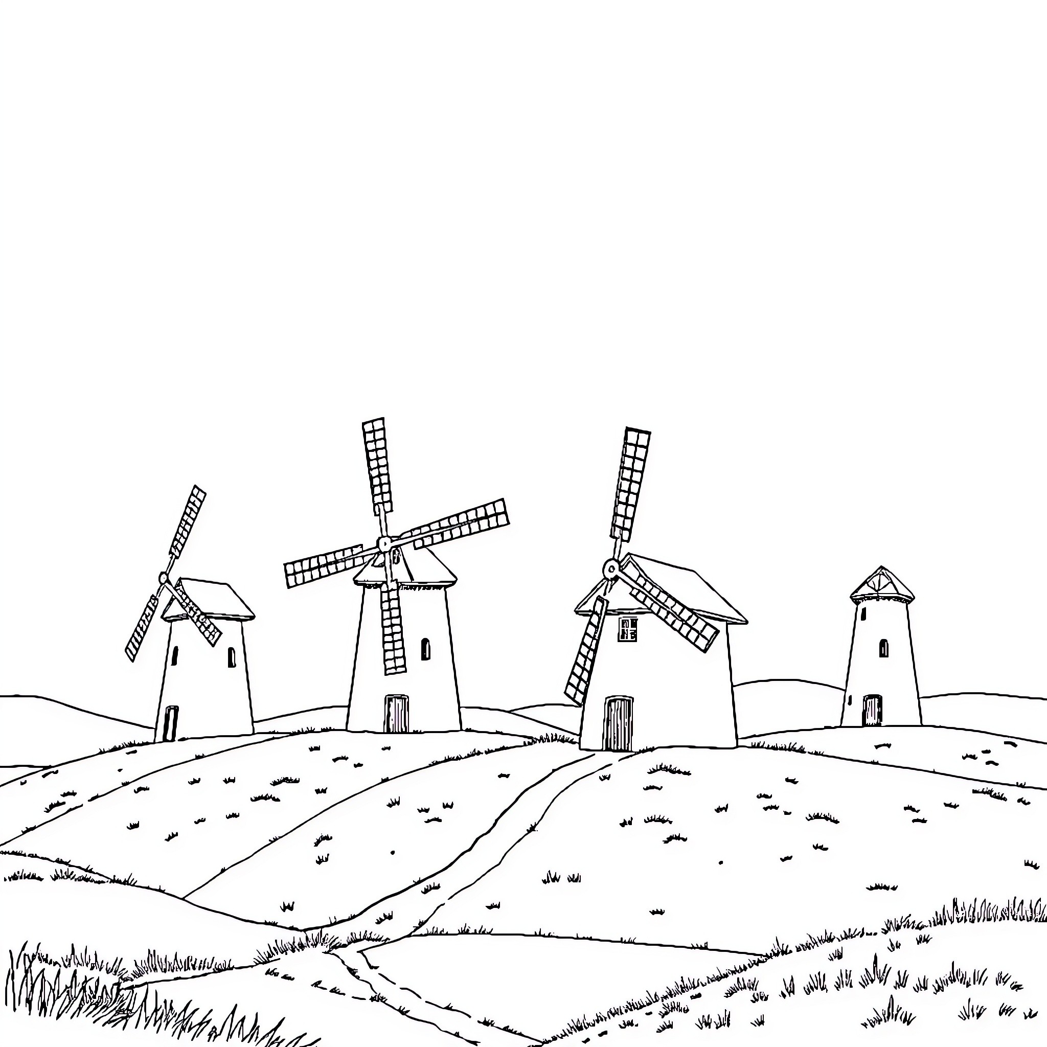 Windmill landscape with rural scenery and structures Coloring Page (free black-and-white line drawing printable PDF for all, from beginners to advanced learners, including children, teens, adults, and seniors)