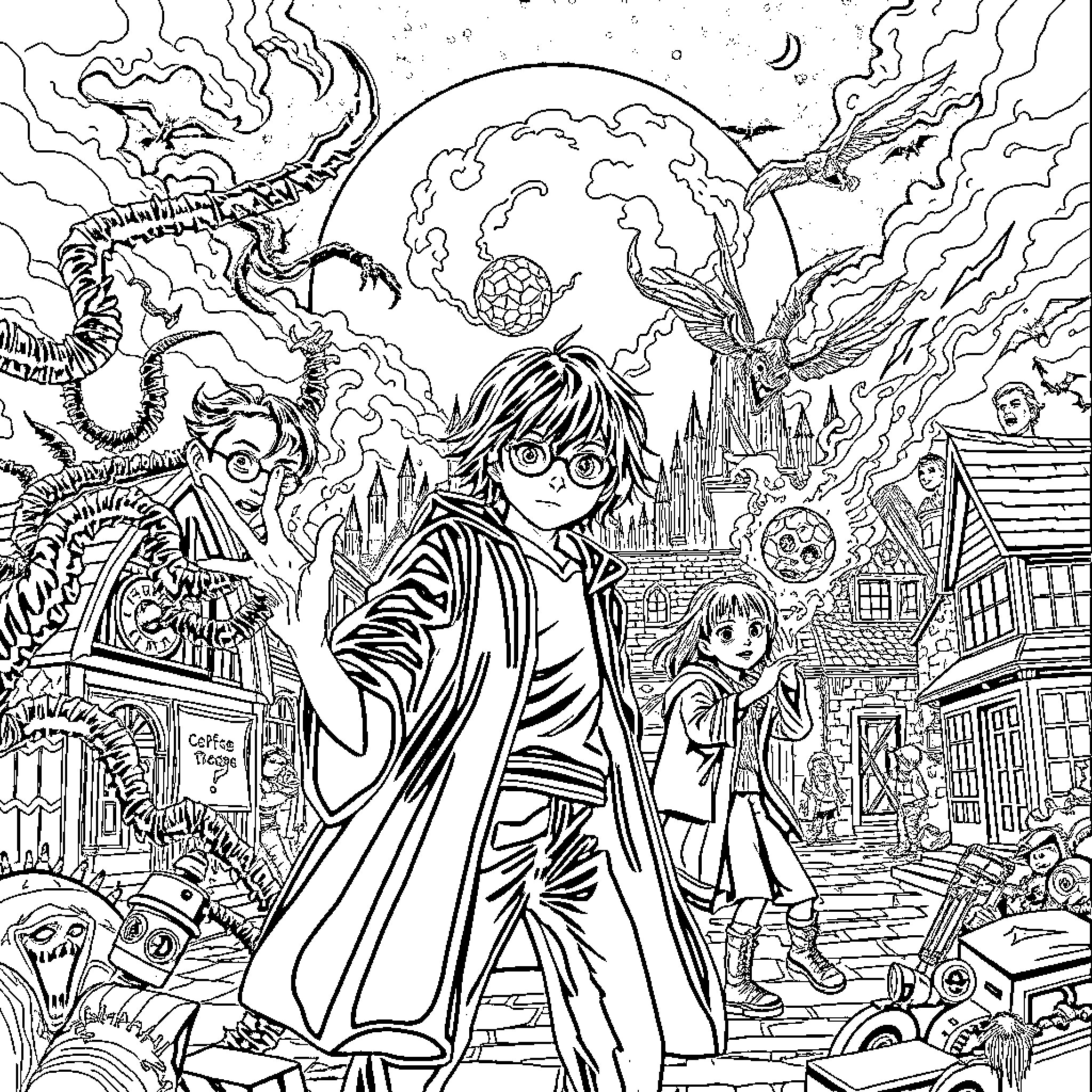 Stranger Things: A Mysterious World of Imagination Coloring Page (free black-and-white line drawing printable PDF for all, from beginners to advanced learners, including children, teens, adults, and seniors)