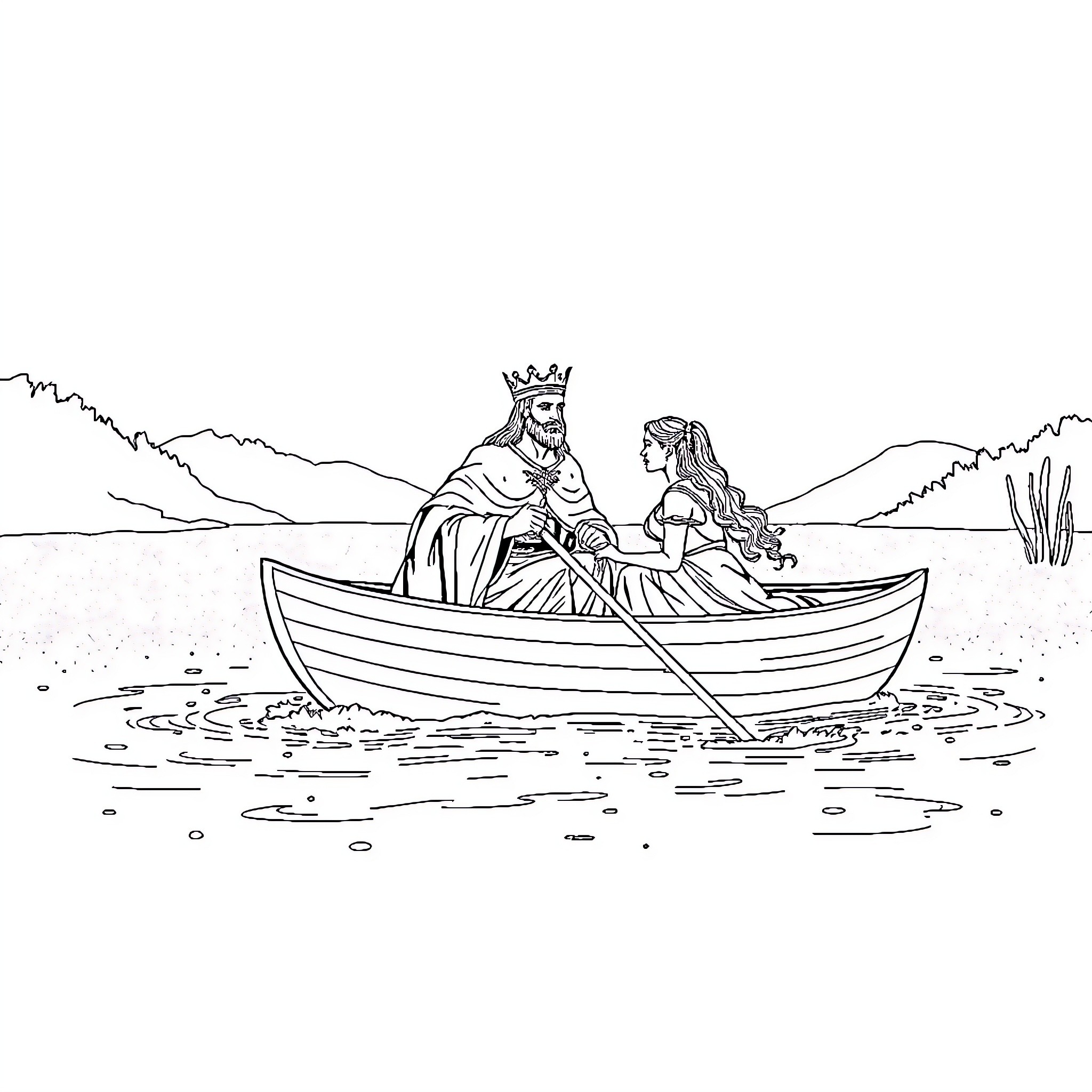 King and Queen Rowing on a Boat in Nature Coloring Page (free black-and-white line drawing printable PDF for all, from beginners to advanced learners, including children, teens, adults, and seniors)