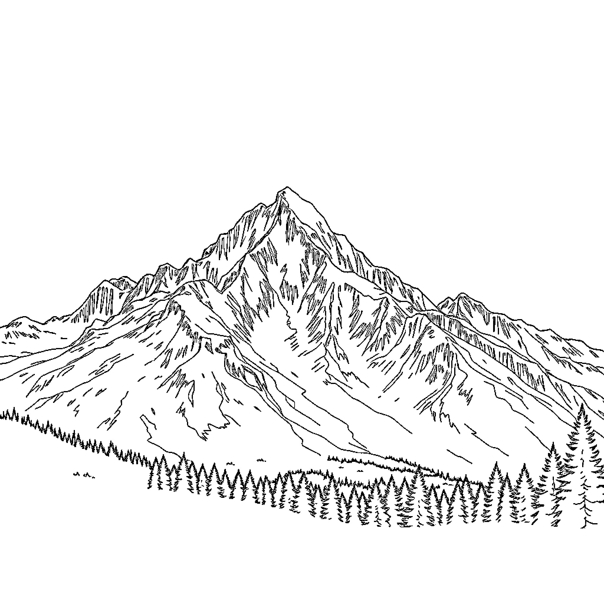 Grand Teton Majestic Mountain Landscape Coloring Page (free black-and-white line drawing printable PDF for all, from beginners to advanced learners, including children, teens, adults, and seniors)