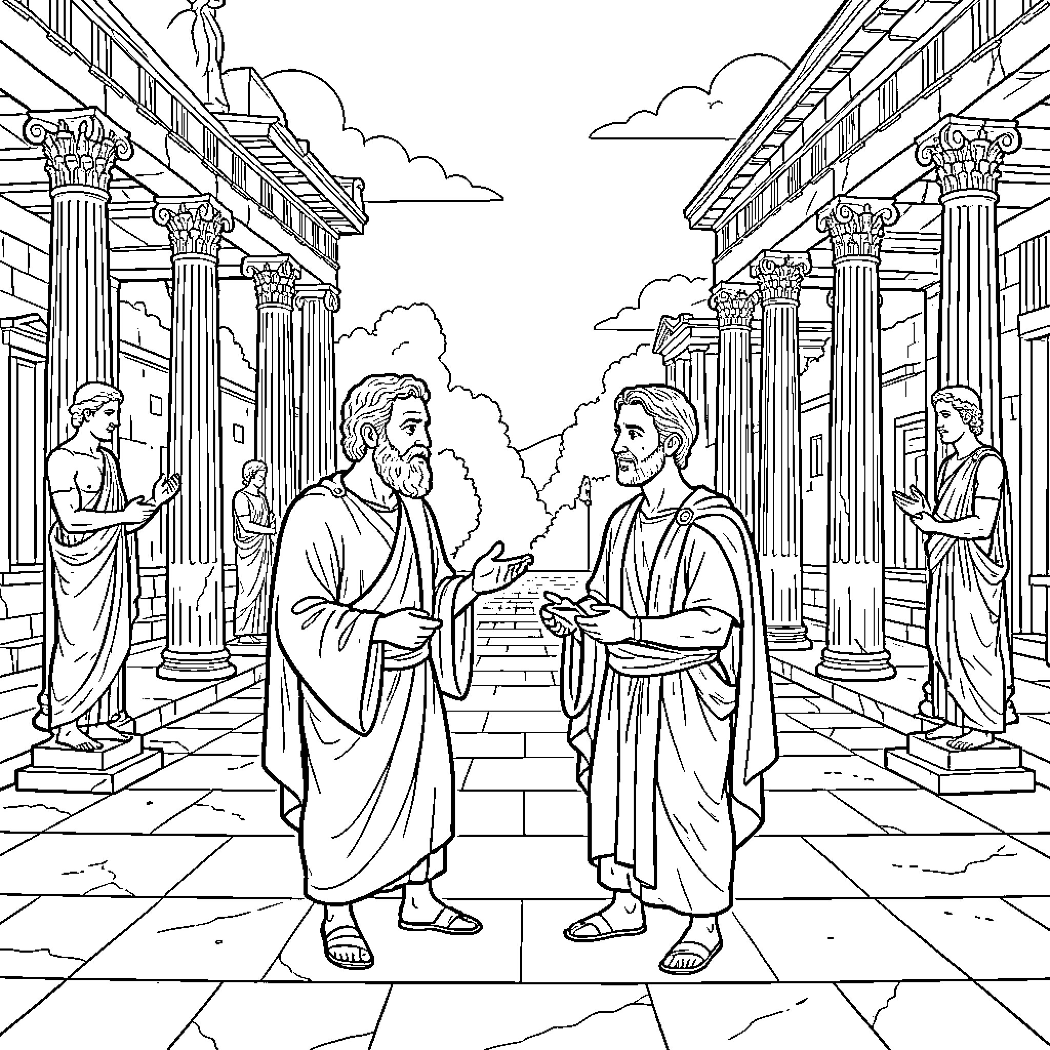 Socrates in Dialogue with Philosopher in Ancient Greek Setting Coloring Page (free black-and-white line drawing printable PDF for all, from beginners to advanced learners, including children, teens, adults, and seniors)