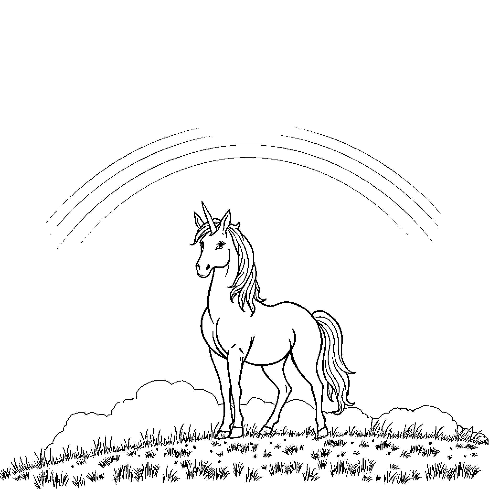 Unicorn standing in a field with rainbow Coloring Page (free black-and-white line drawing printable PDF for all, from beginners to advanced learners, including children, teens, adults, and seniors)