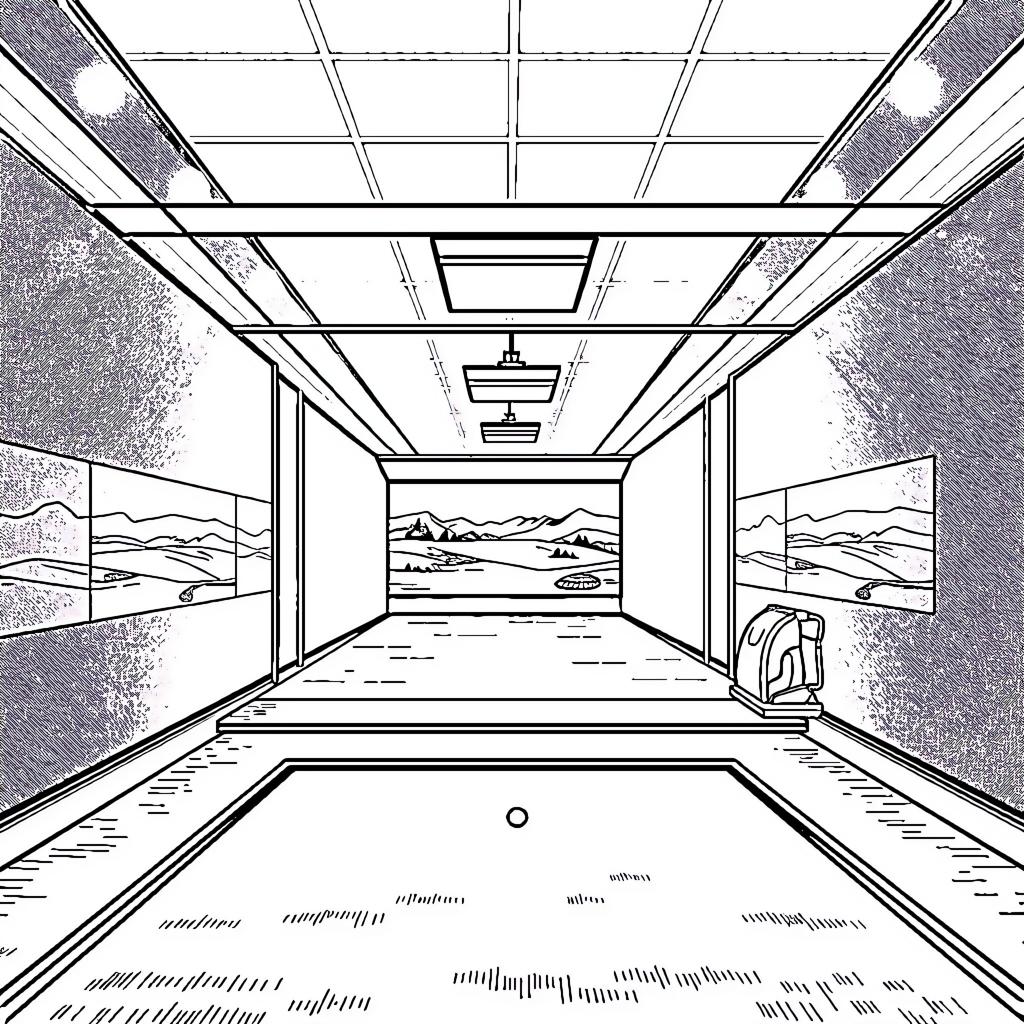 Golf-themed indoor hallway with landscape artwork Coloring Page (free black-and-white line drawing printable PDF for all, from beginners to advanced learners, including children, teens, adults, and seniors)