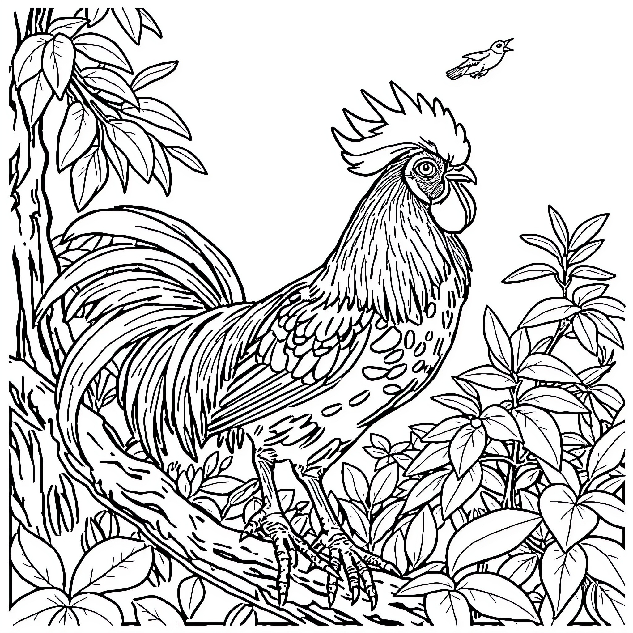 Chicken amidst vibrant foliage and wildlife Coloring Page (free black-and-white line drawing printable PDF for all, from beginners to advanced learners, including children, teens, adults, and seniors)