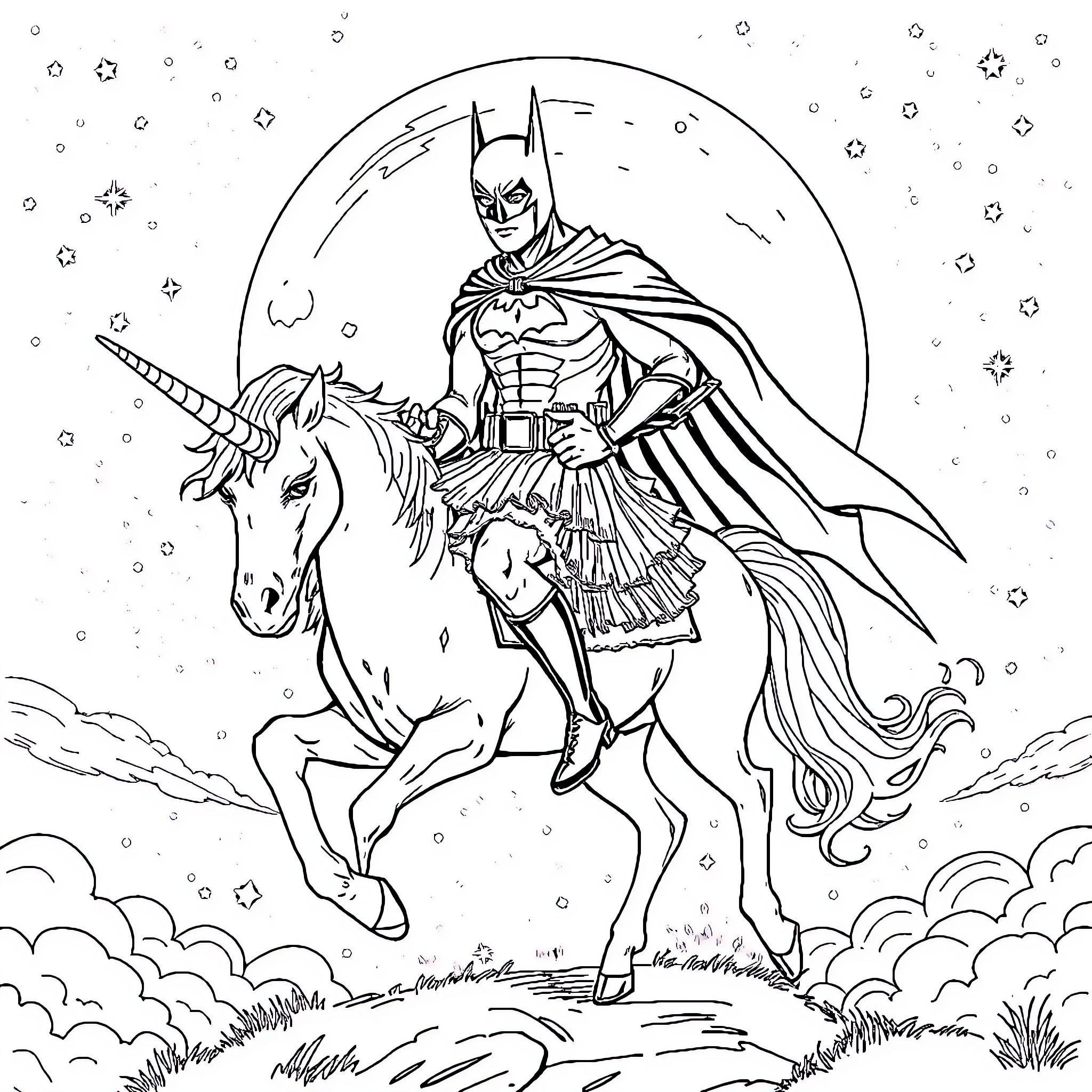 Batman riding a unicorn in a starry night Coloring Page (free black-and-white line drawing printable PDF for all, from beginners to advanced learners, including children, teens, adults, and seniors)