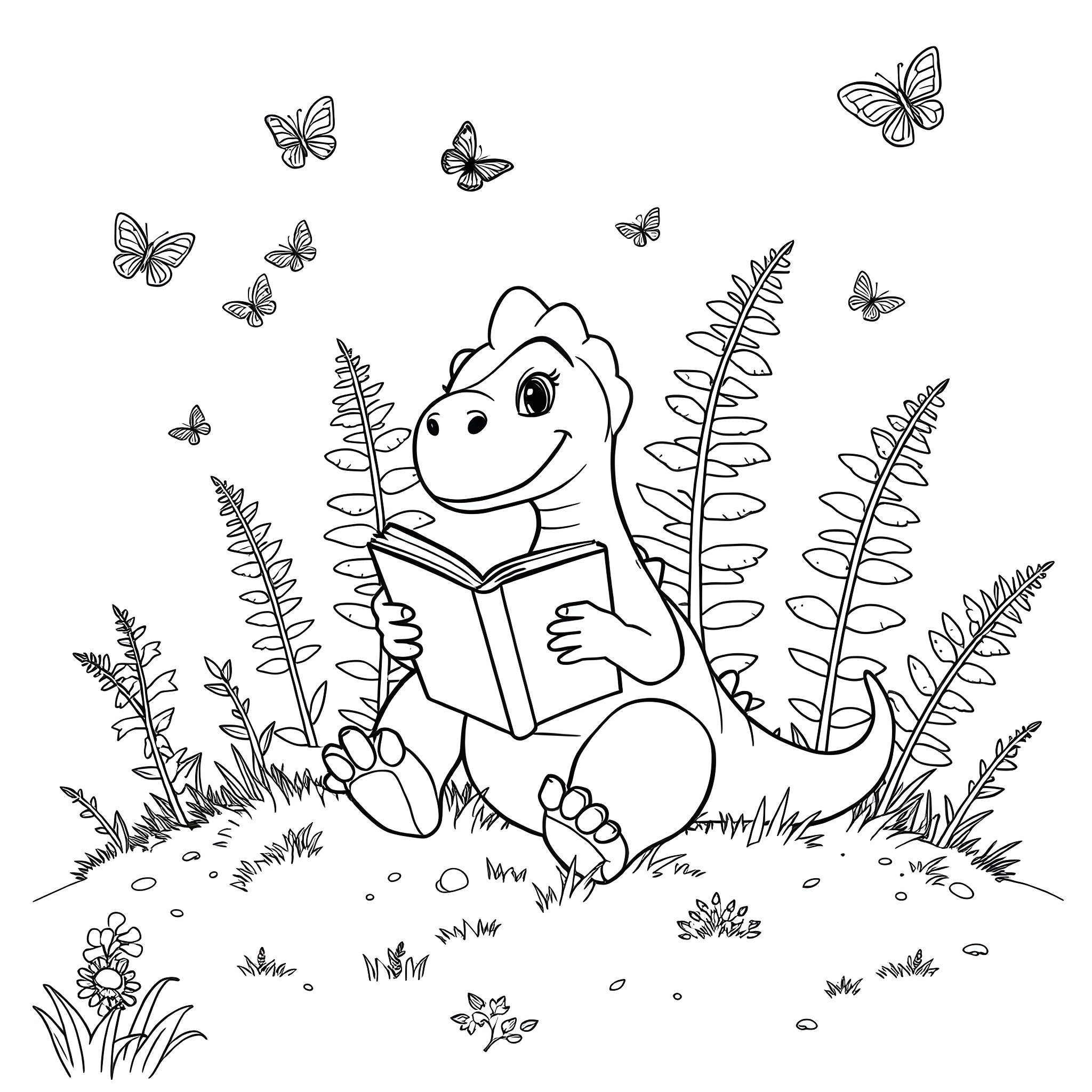 Dinosaur reading a book in the forest Coloring Page (free black-and-white line drawing printable PDF for all, from beginners to advanced learners, including children, teens, adults, and seniors)