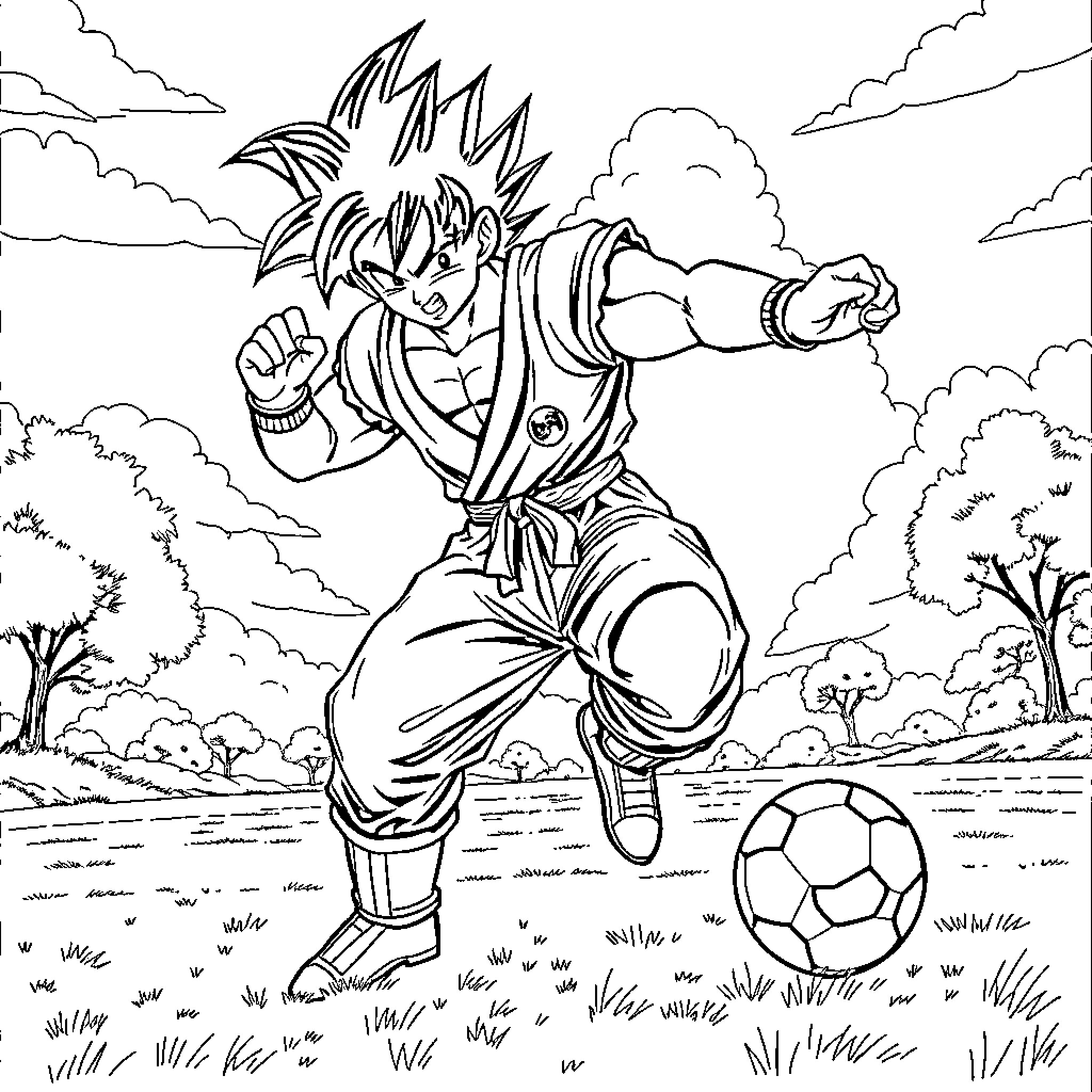 Sangoku's Soccer Practice in the Countryside Coloring Page (free black-and-white line drawing printable PDF for all, from beginners to advanced learners, including children, teens, adults, and seniors)