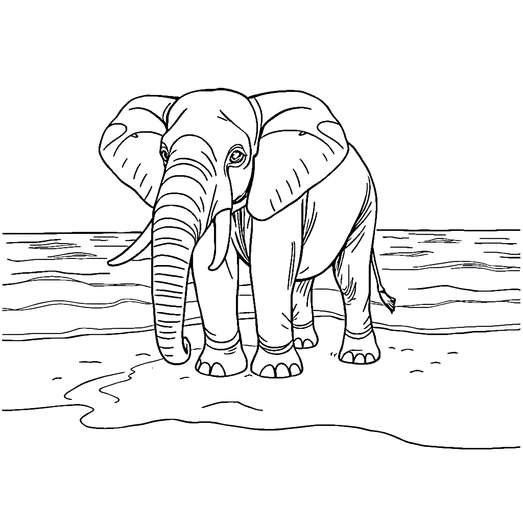 Elephant standing in shallow water Coloring Page (free black-and-white line drawing printable PDF for all, from beginners to advanced learners, including children, teens, adults, and seniors)