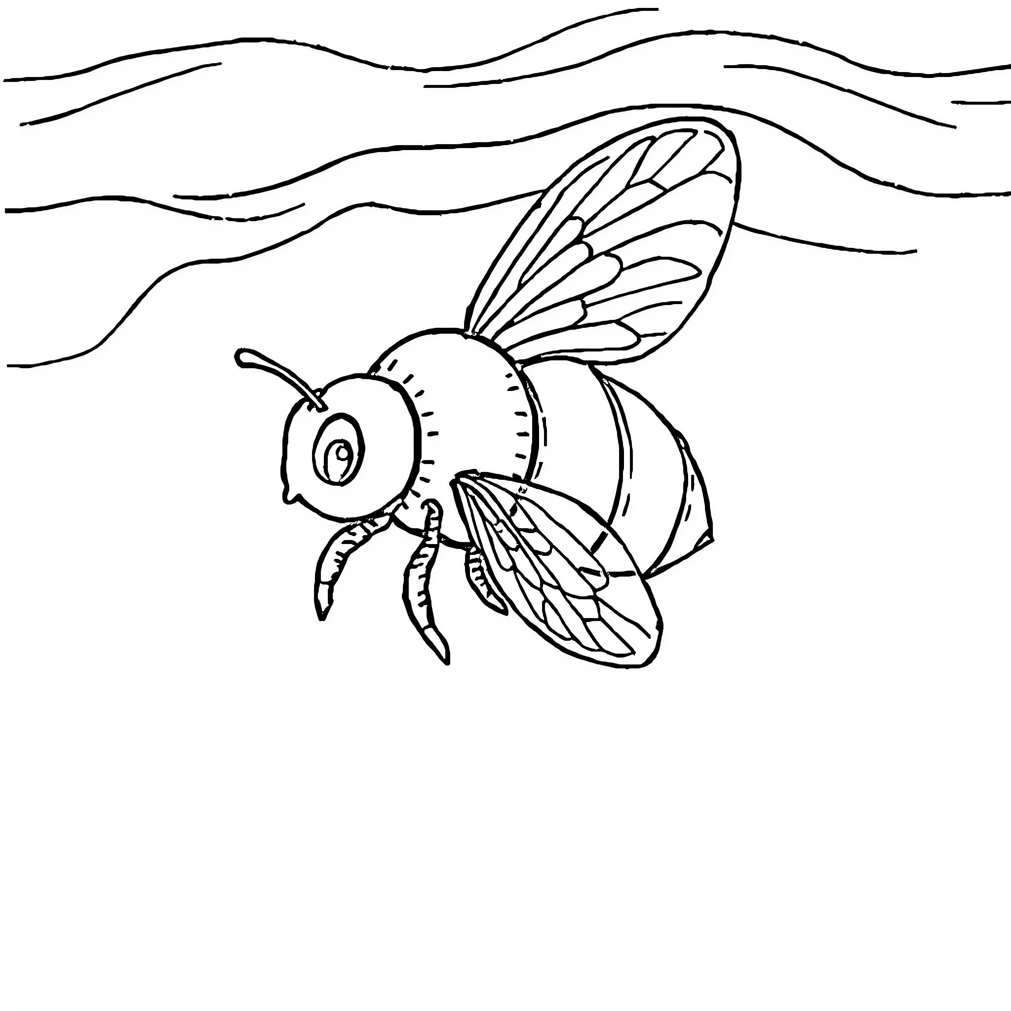 Bee flying gracefully through the air Coloring Page (free black-and-white line drawing printable PDF for all, from beginners to advanced learners, including children, teens, adults, and seniors)
