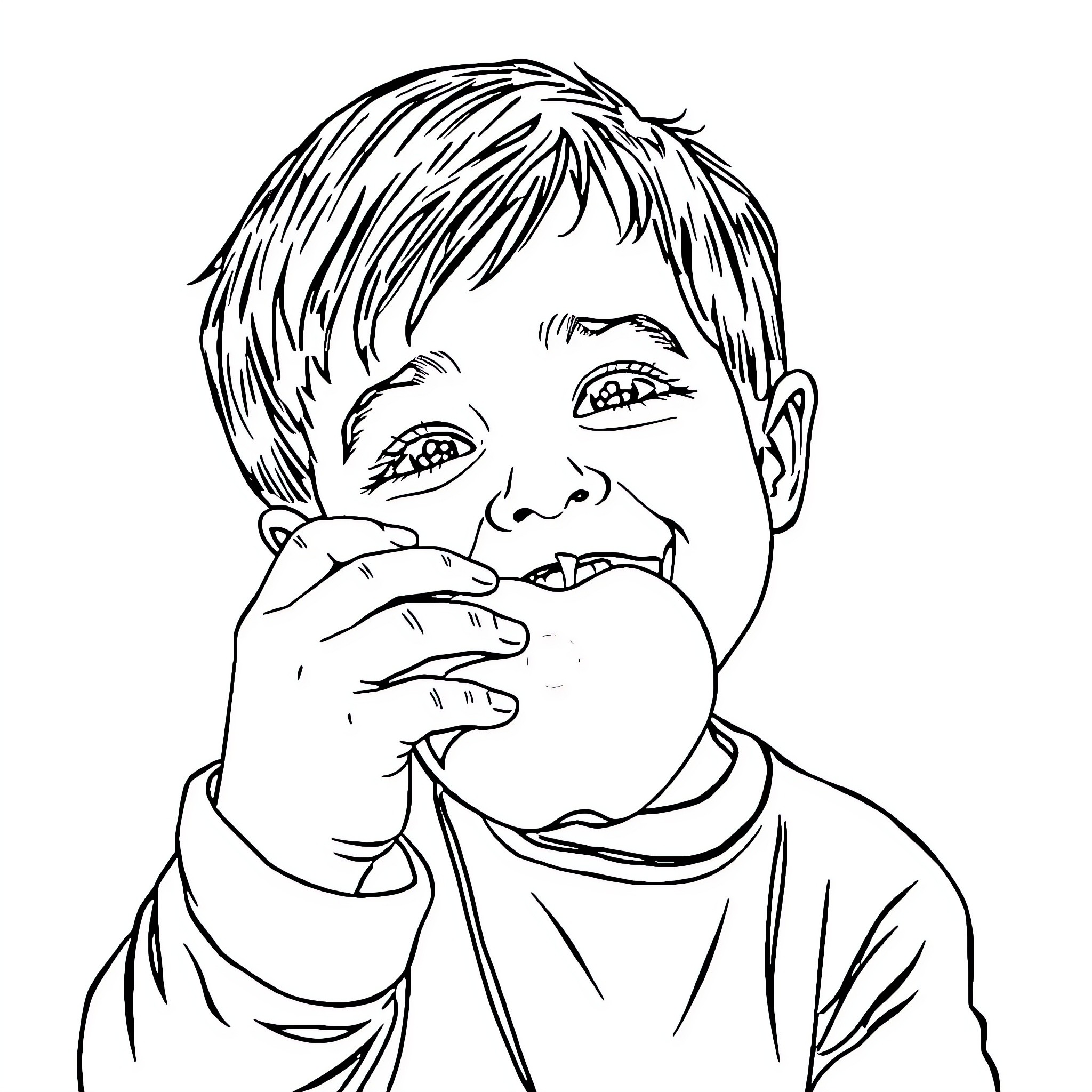 Apple Boy Enjoys Tasty Treat Coloring Page (free black-and-white line drawing printable PDF for all, from beginners to advanced learners, including children, teens, adults, and seniors)