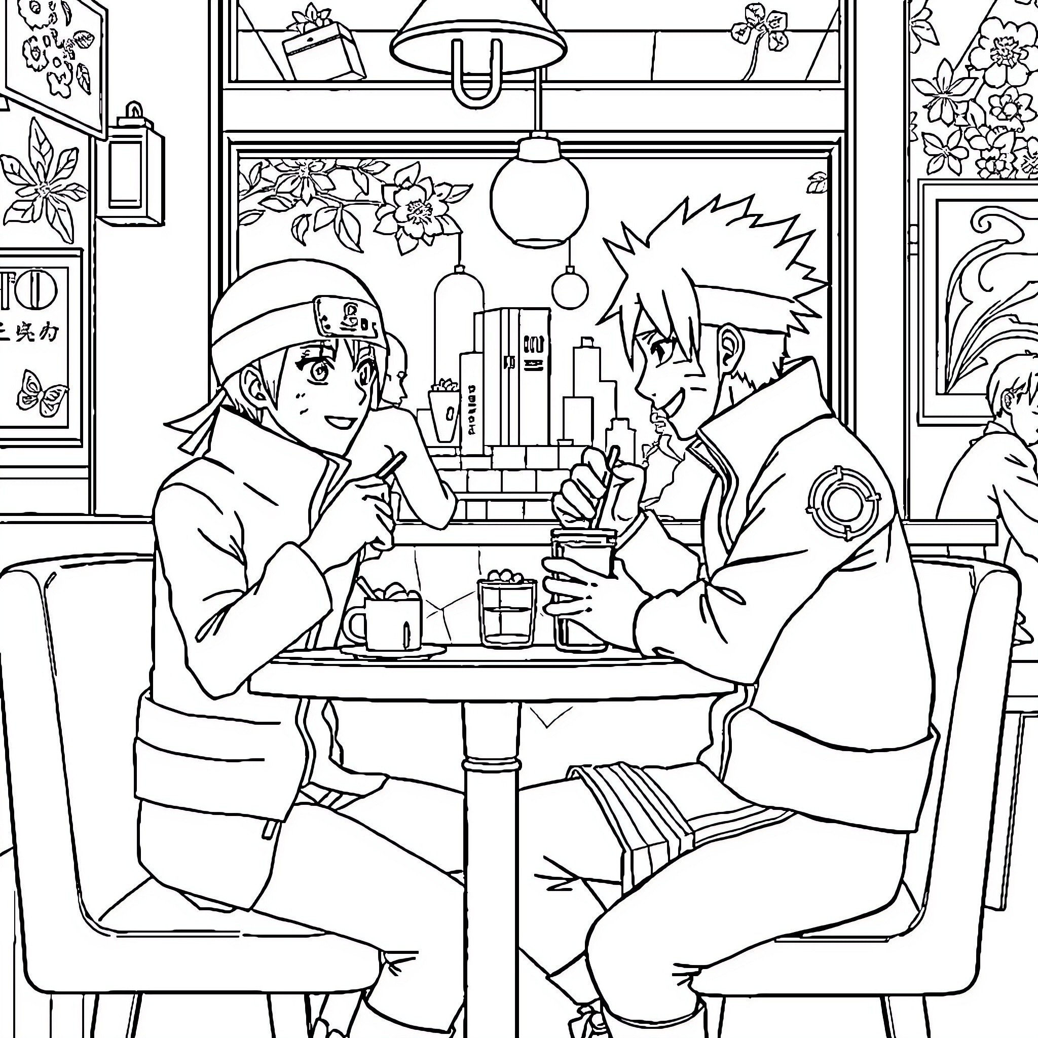 Naruto Characters Enjoying Time Together in Cozy Cafe Coloring Page (free black-and-white line drawing printable PDF for all, from beginners to advanced learners, including children, teens, adults, and seniors)