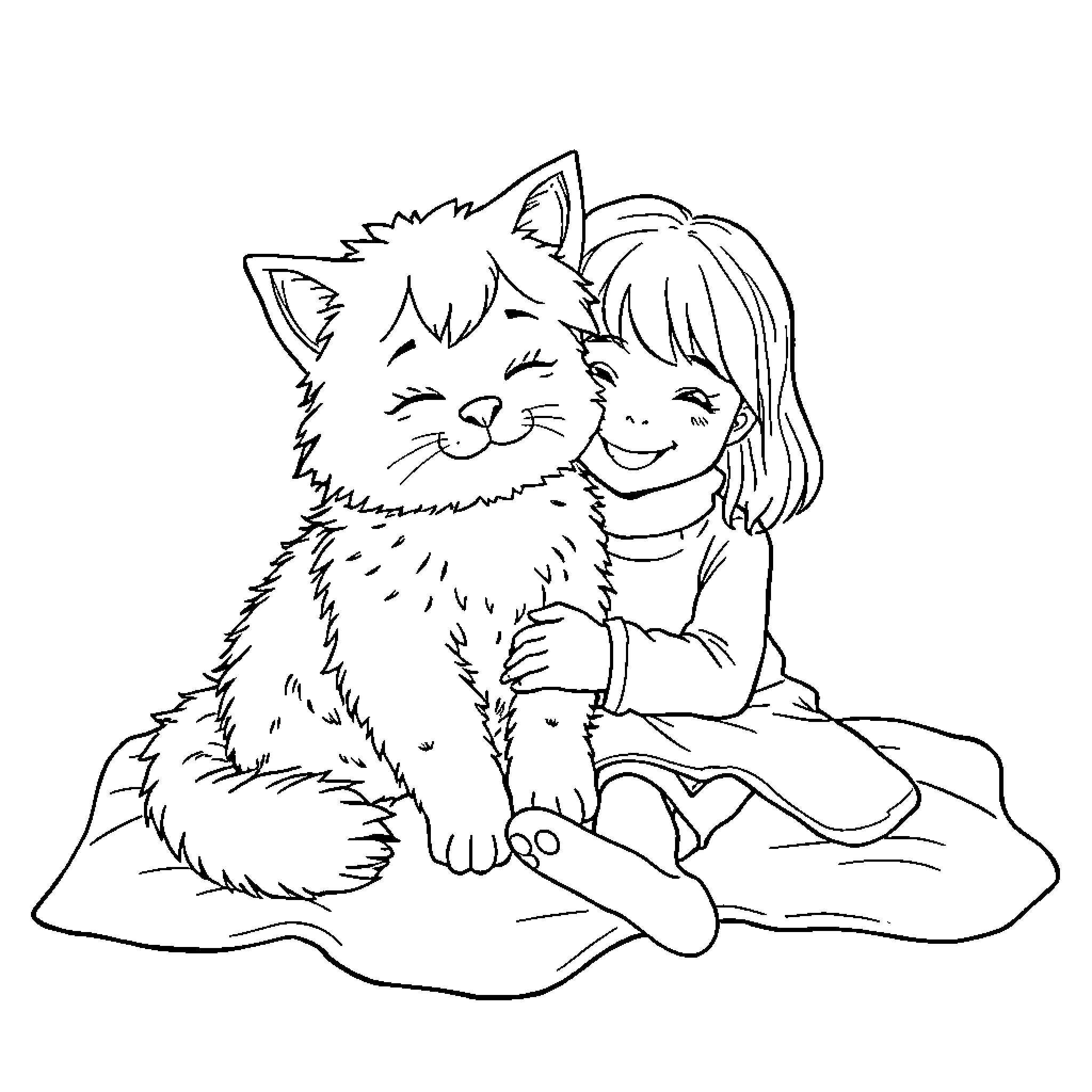Cat comforting a young girl Coloring Page (free black-and-white line drawing printable PDF for all, from beginners to advanced learners, including children, teens, adults, and seniors)