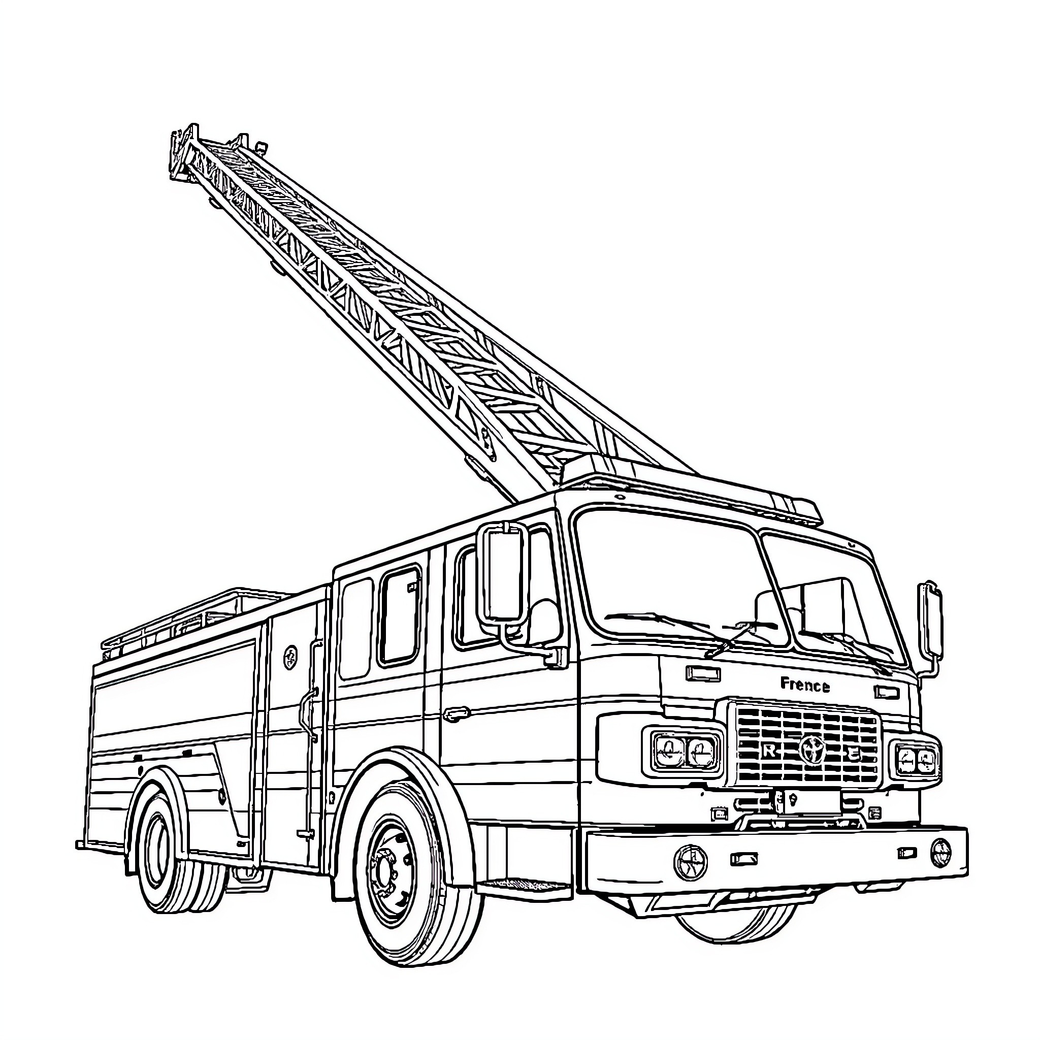 Firefighter Truck with Extended Ladder for Rescue Operations Coloring Page (free black-and-white line drawing printable PDF for all, from beginners to advanced learners, including children, teens, adults, and seniors)