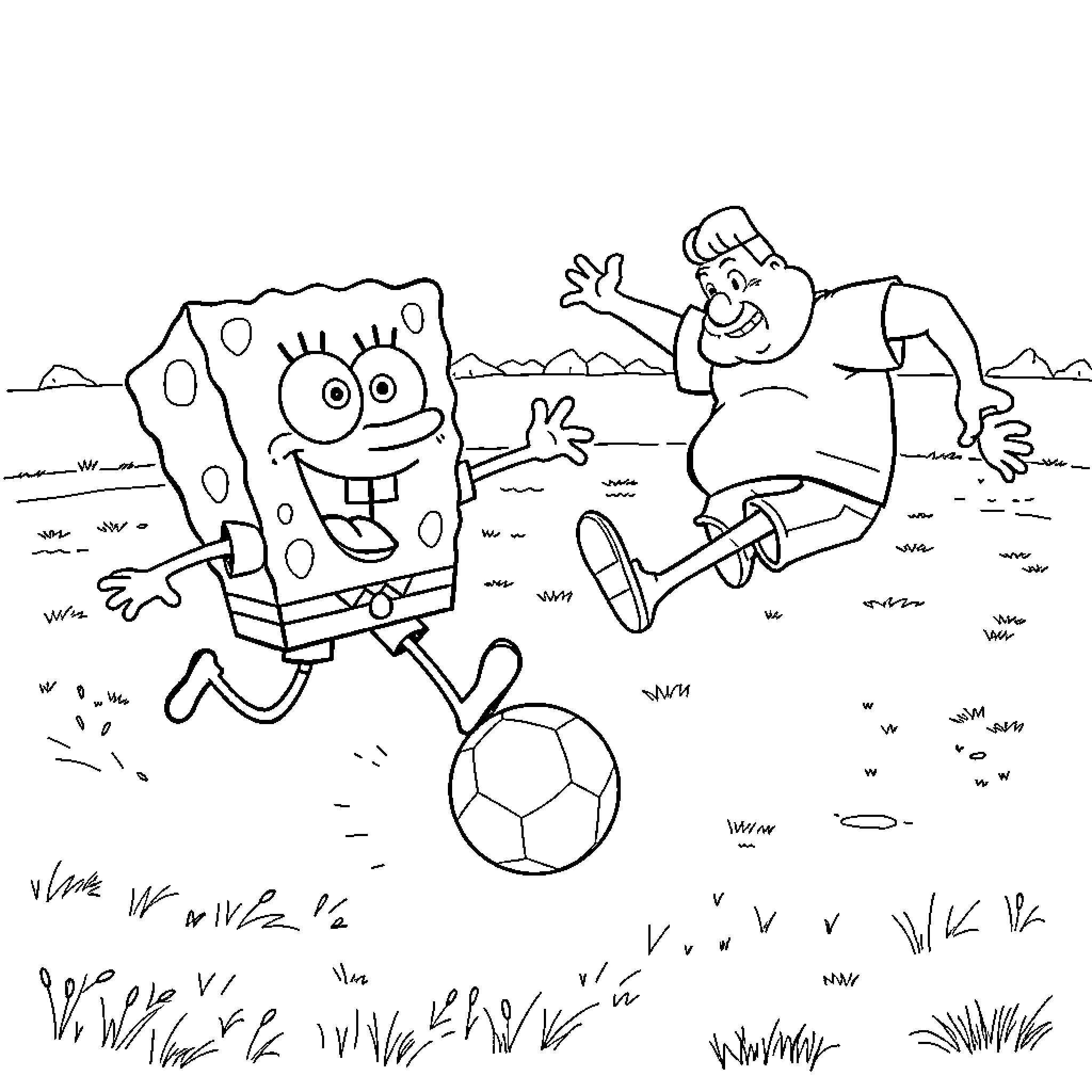 Spongebob and friends playing soccer outdoors Coloring Page (free black-and-white line drawing printable PDF for all, from beginners to advanced learners, including children, teens, adults, and seniors)