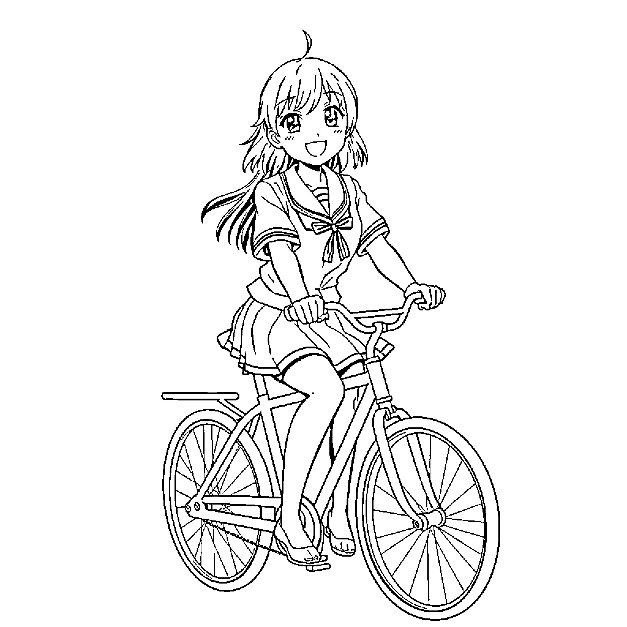 Anime Girl Riding a Bicycle with Joy Coloring Page (free black-and-white line drawing printable PDF for all, from beginners to advanced learners, including children, teens, adults, and seniors)