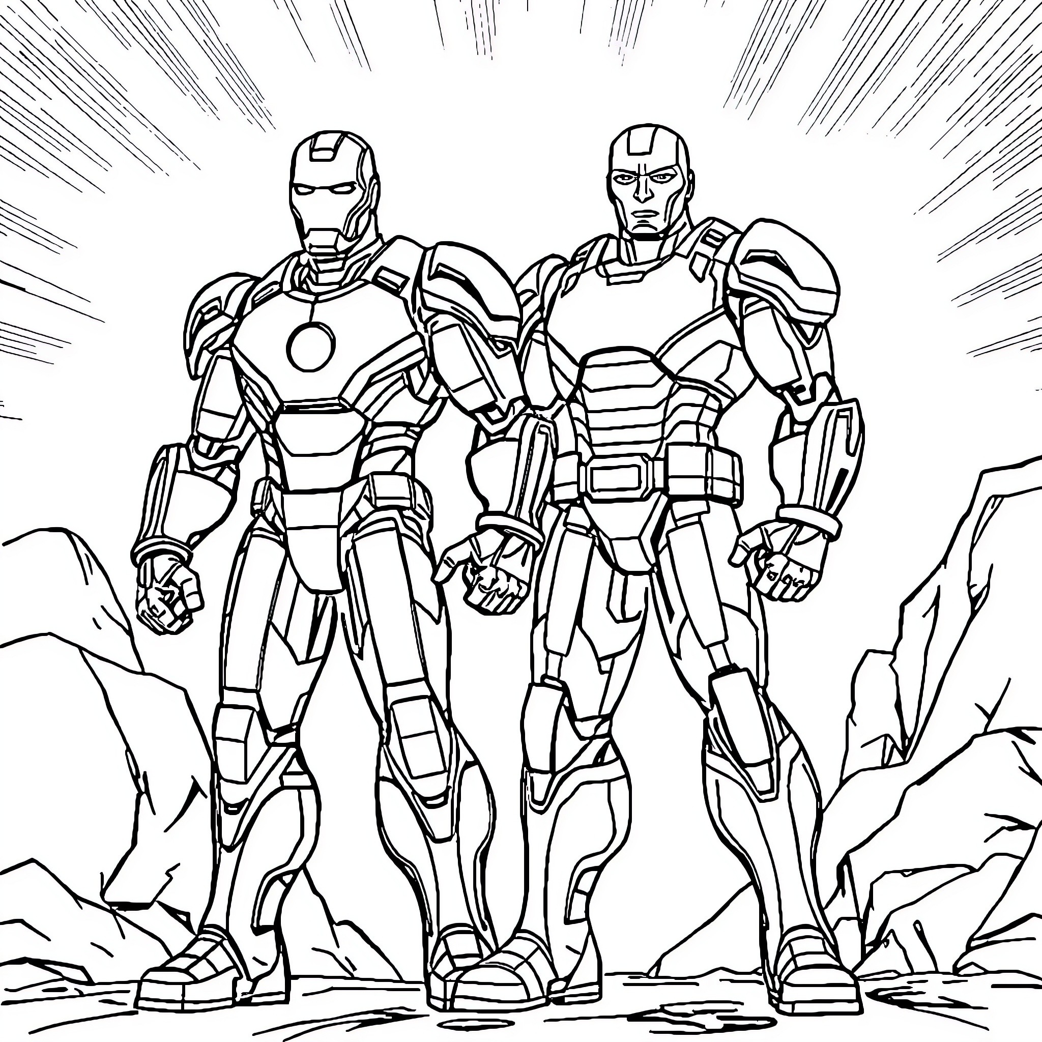 Ironman armored heroes in action stance Coloring Page (free black-and-white line drawing printable PDF for all, from beginners to advanced learners, including children, teens, adults, and seniors)