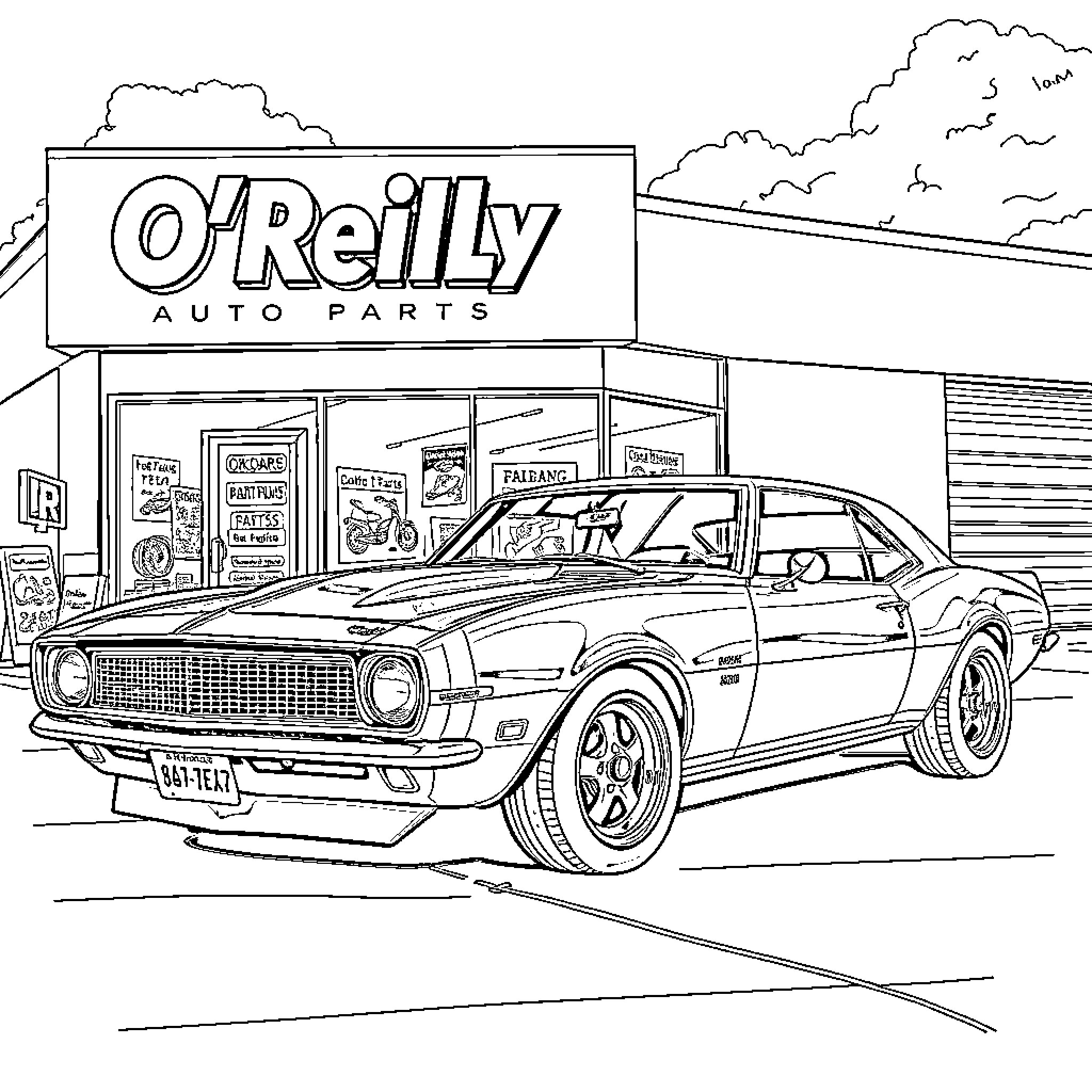 Camaro parked at auto parts store Coloring Page (free black-and-white line drawing printable PDF for all, from beginners to advanced learners, including children, teens, adults, and seniors)