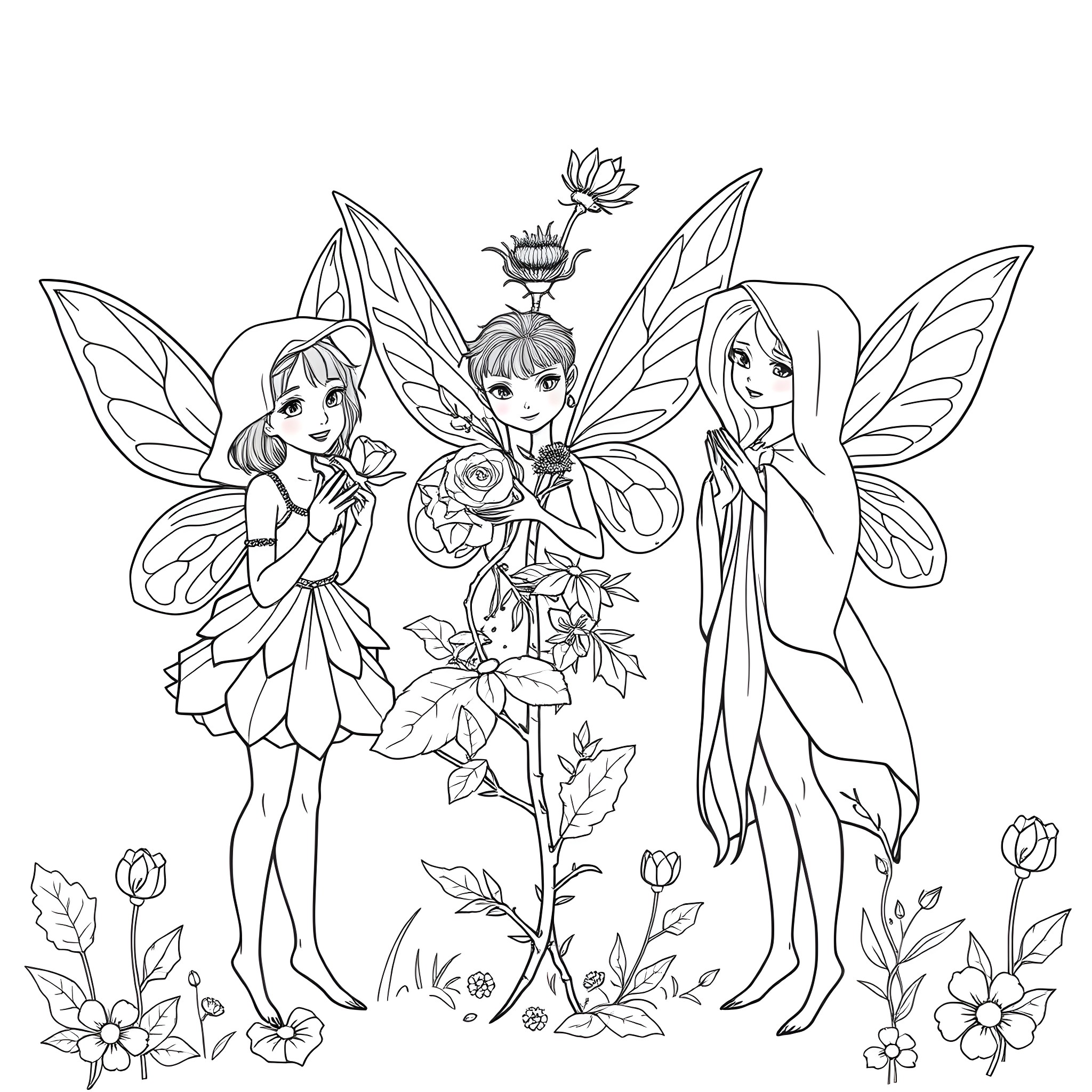 Fairy Friends Exploring Magical Woodland Coloring Page (free black-and-white line drawing printable PDF for all, from beginners to advanced learners, including children, teens, adults, and seniors)