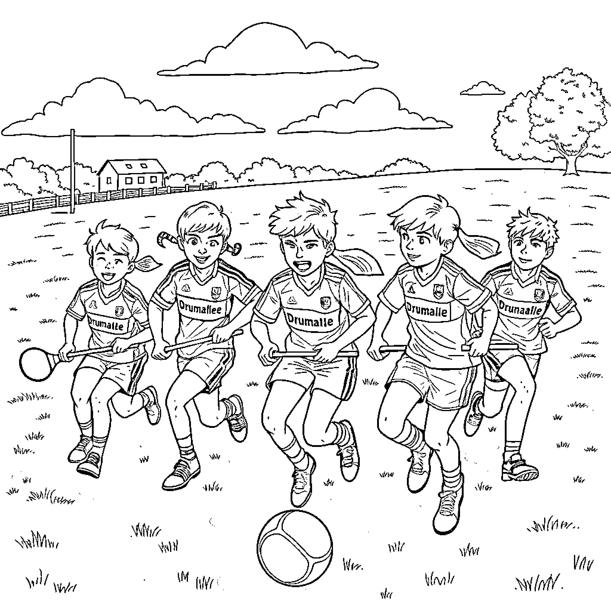 Kids playing soccer on the field Coloring Page (free black-and-white line drawing printable PDF for all, from beginners to advanced learners, including children, teens, adults, and seniors)