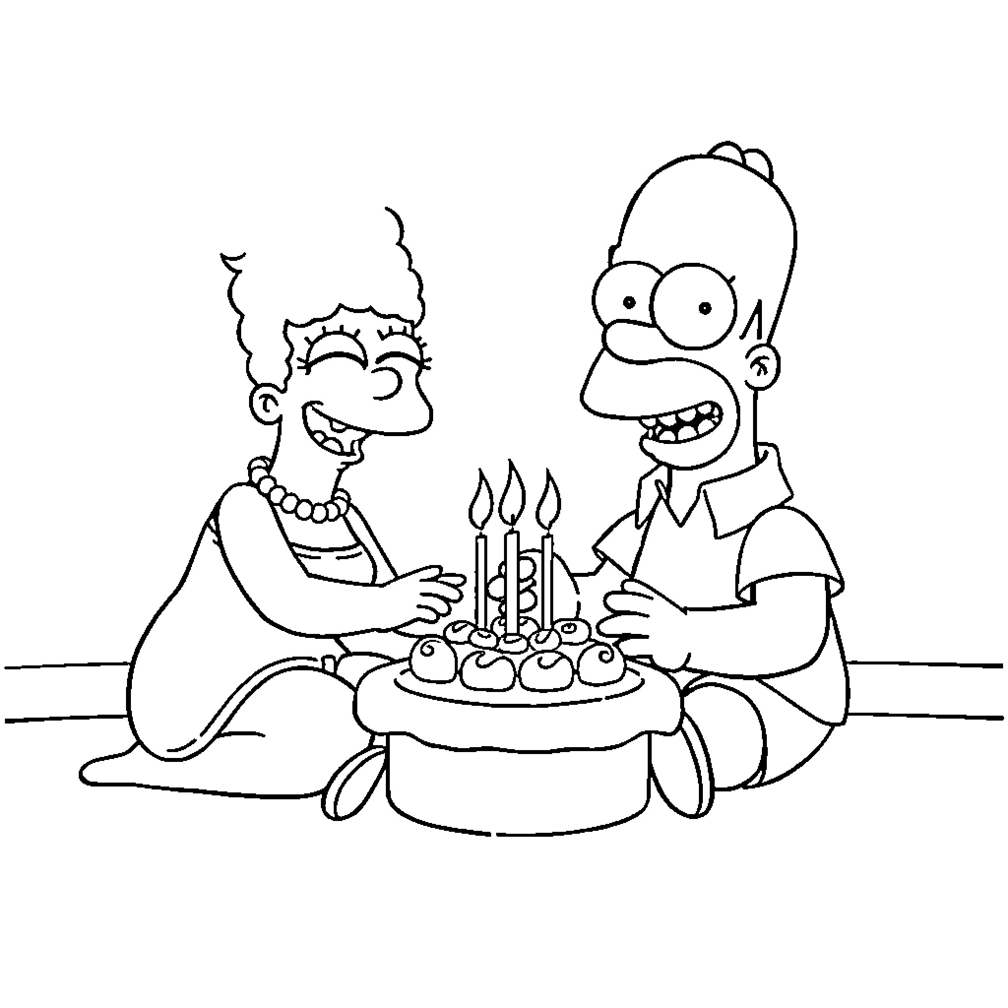 Bob and Homer Celebrate with Birthday Cake Coloring Page (free black-and-white line drawing printable PDF for all, from beginners to advanced learners, including children, teens, adults, and seniors)