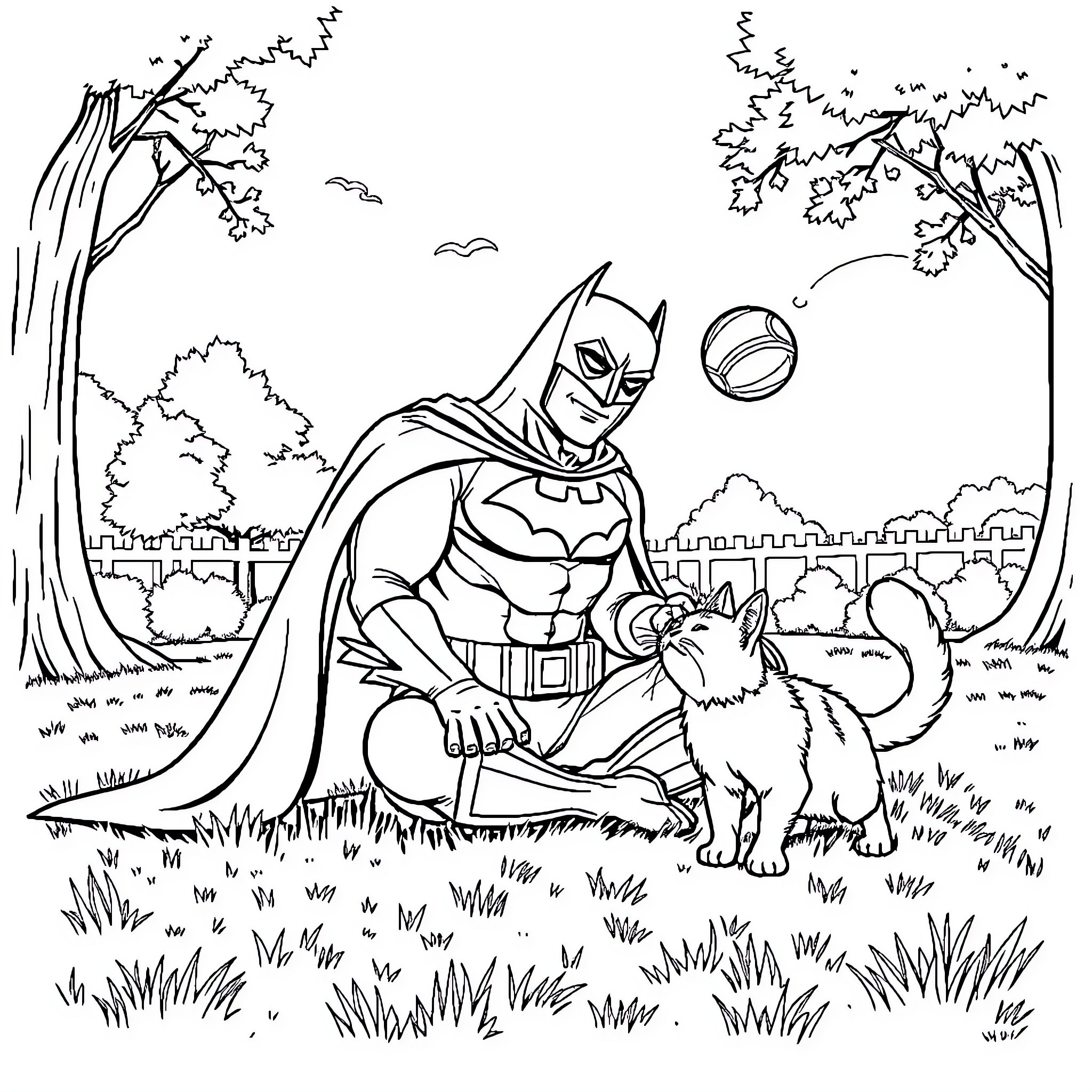 Batman playing with a puppy in the park Coloring Page (free black-and-white line drawing printable PDF for all, from beginners to advanced learners, including children, teens, adults, and seniors)