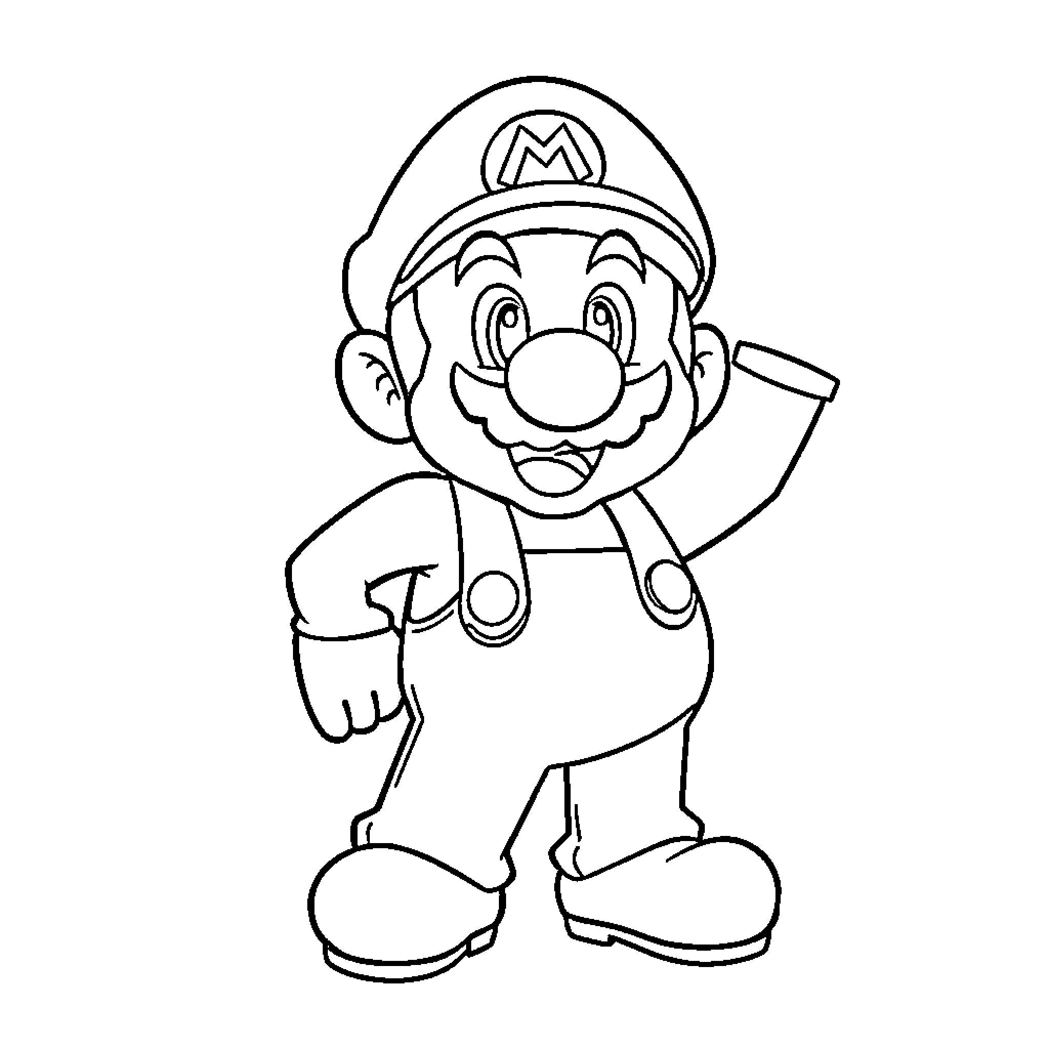 Mario character in cheerful pose Coloring Page (free black-and-white line drawing printable PDF for all, from beginners to advanced learners, including children, teens, adults, and seniors)