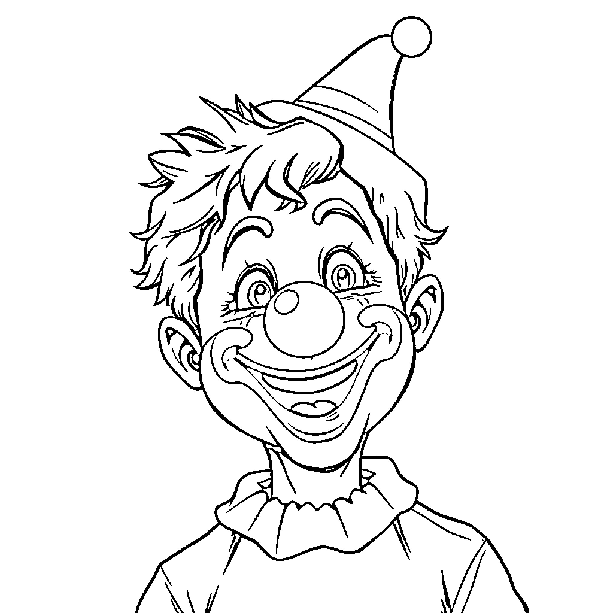 Clown with exaggerated features and cheerful expression Coloring Page (free black-and-white line drawing printable PDF for all, from beginners to advanced learners, including children, teens, adults, and seniors)