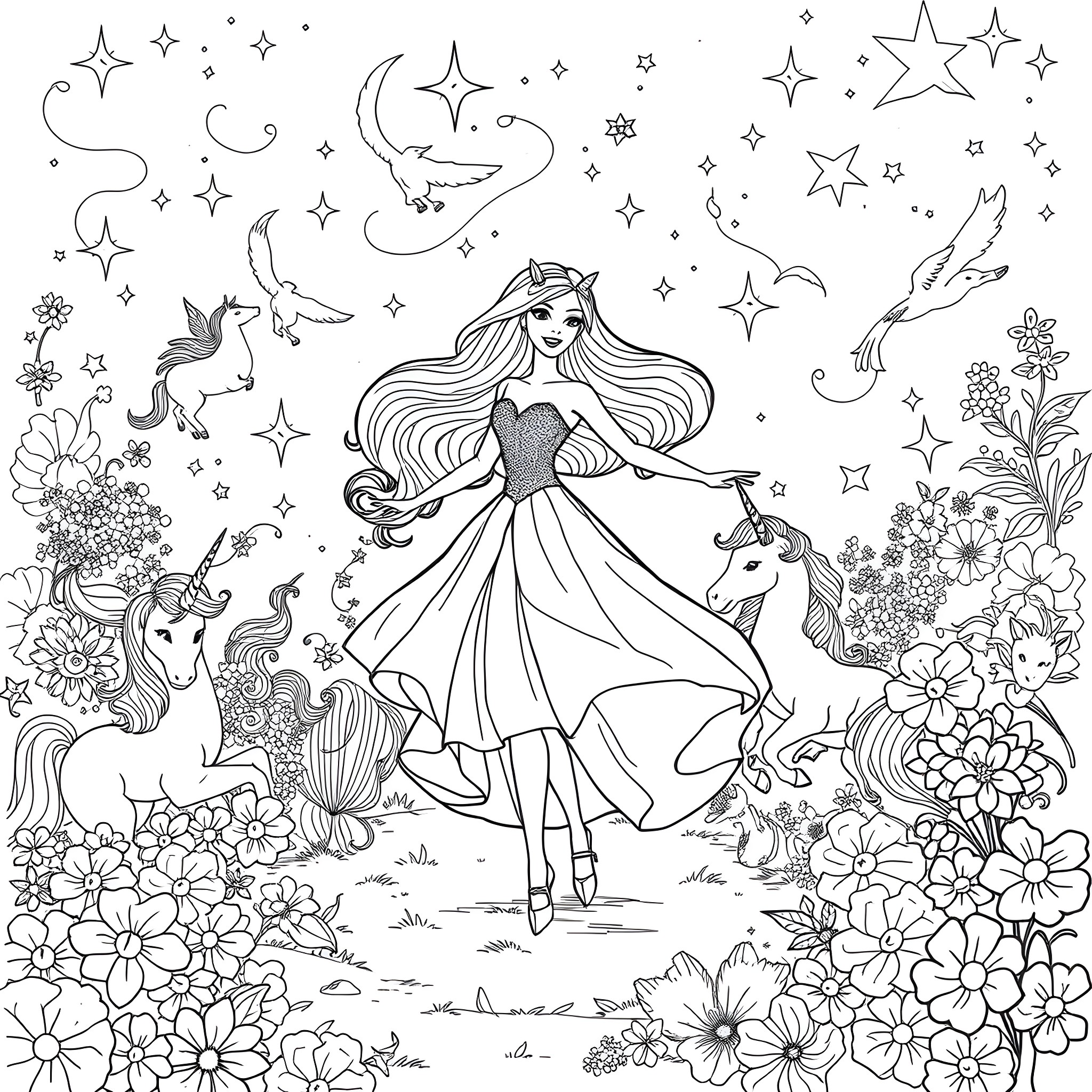 Barbie's enchanting fairytale adventure among magical creatures Coloring Page (free black-and-white line drawing printable PDF for all, from beginners to advanced learners, including children, teens, adults, and seniors)