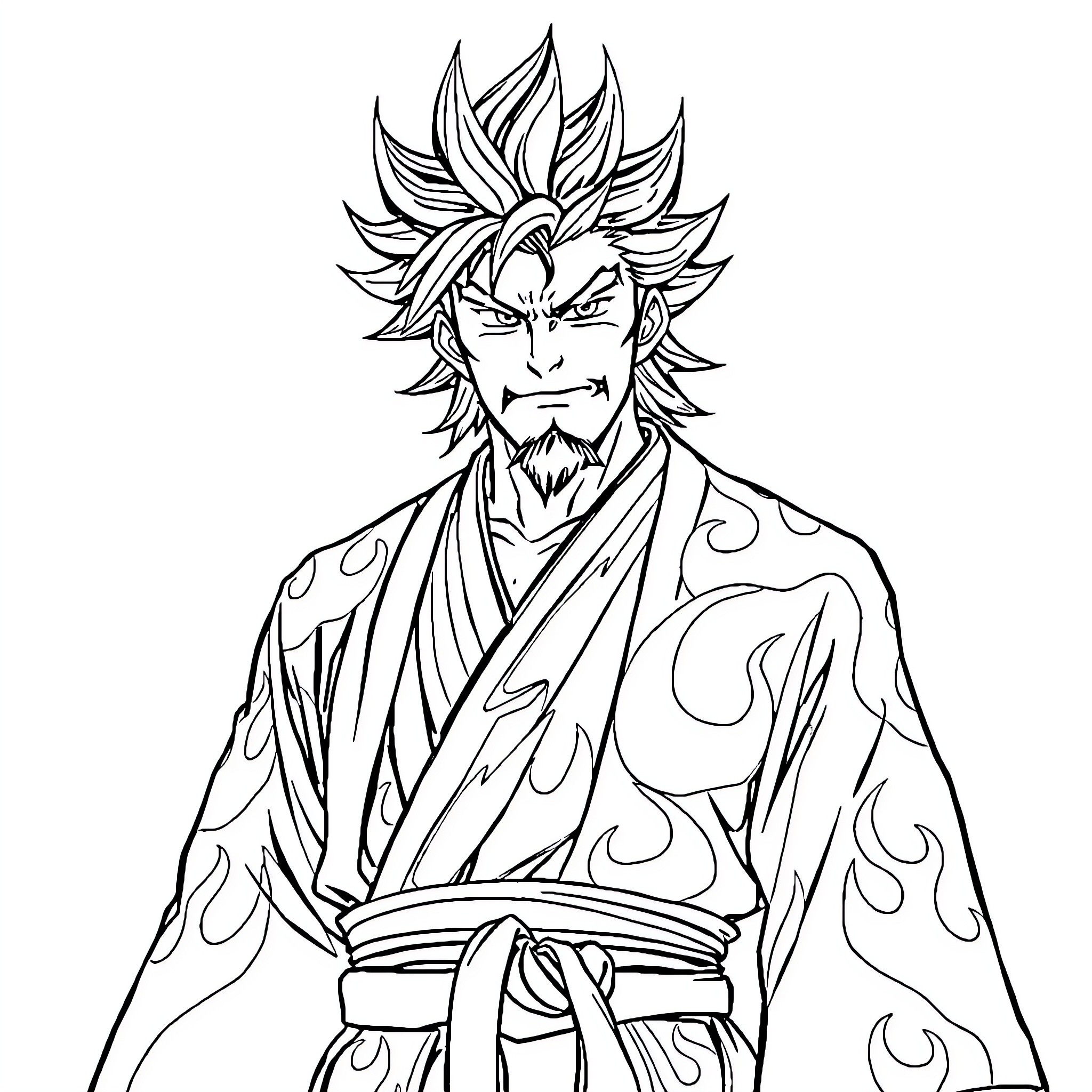 Rengoku in fierce warrior attire and expression Coloring Page (free black-and-white line drawing printable PDF for all, from beginners to advanced learners, including children, teens, adults, and seniors)